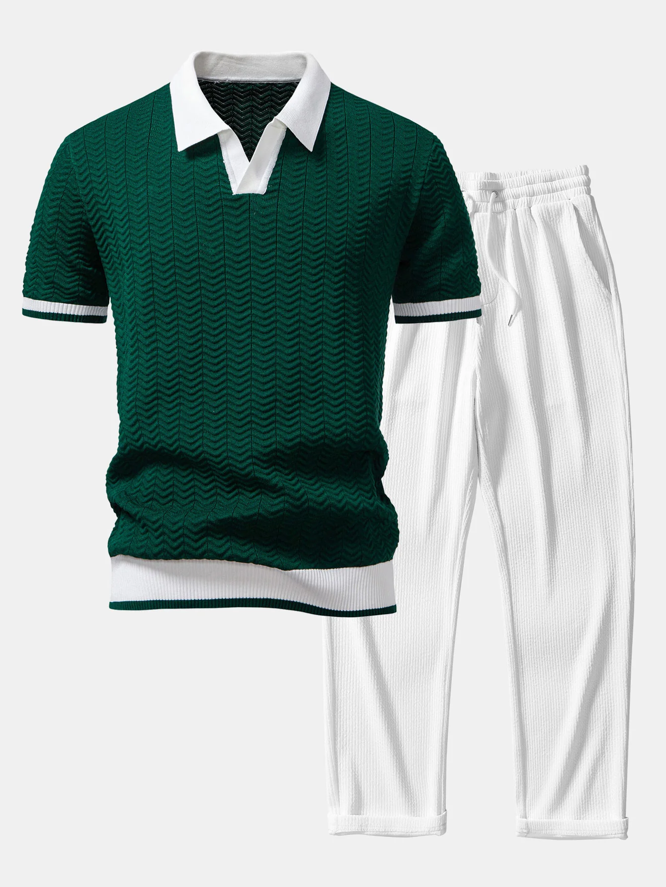Strukturkontrast Strick V-Ausschnitt Poloshirts & Gerade Geschnittene Gerippte Hose - Image 2