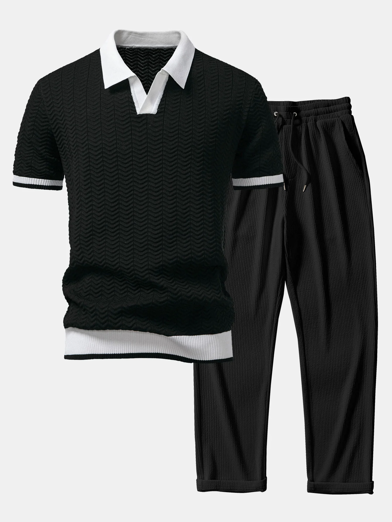 Strukturkontrast Strick V-Ausschnitt Poloshirts & Gerade Geschnittene Gerippte Hose - Image 3