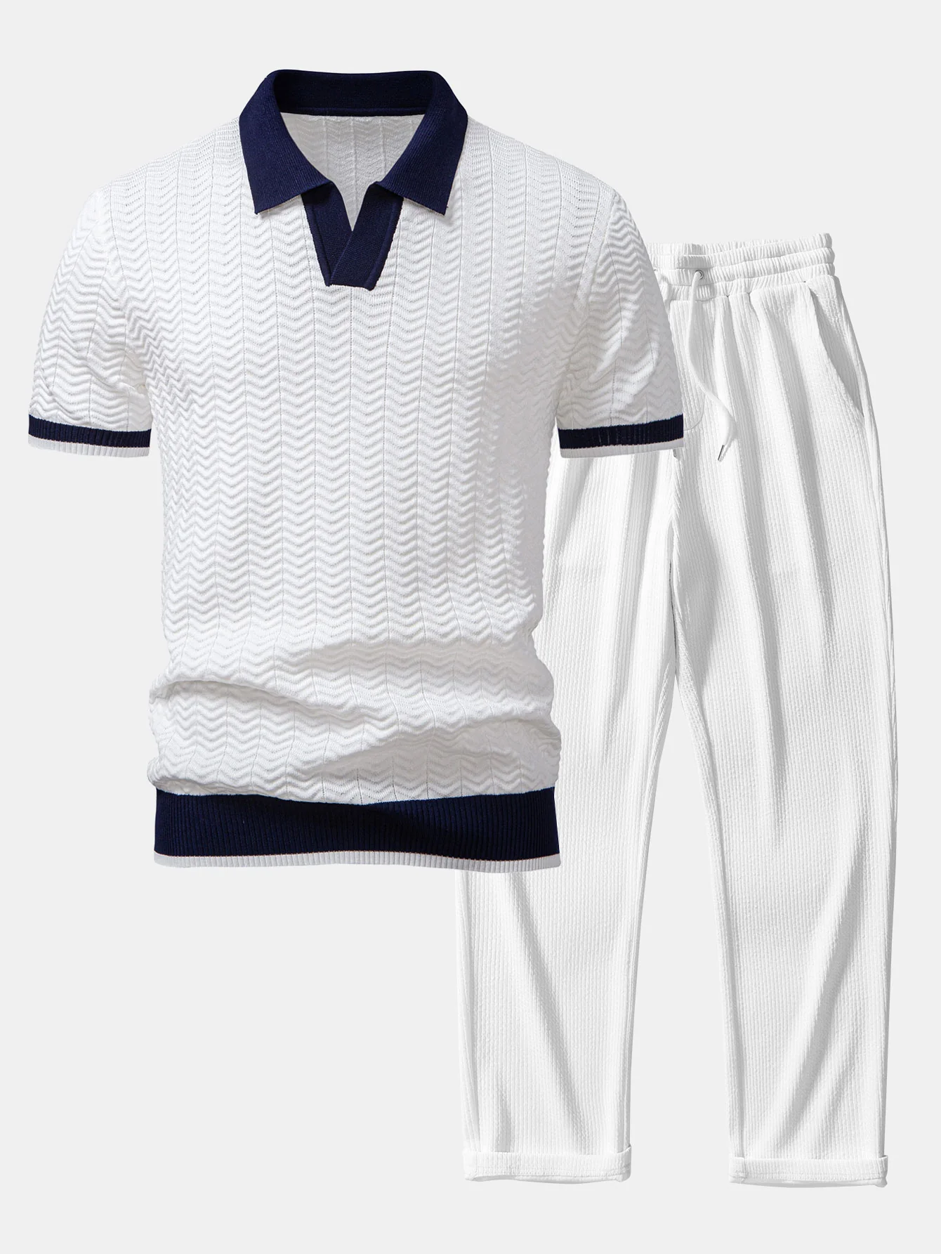 Strukturkontrast Strick V-Ausschnitt Poloshirts & Gerade Geschnittene Gerippte Hose - Image 4