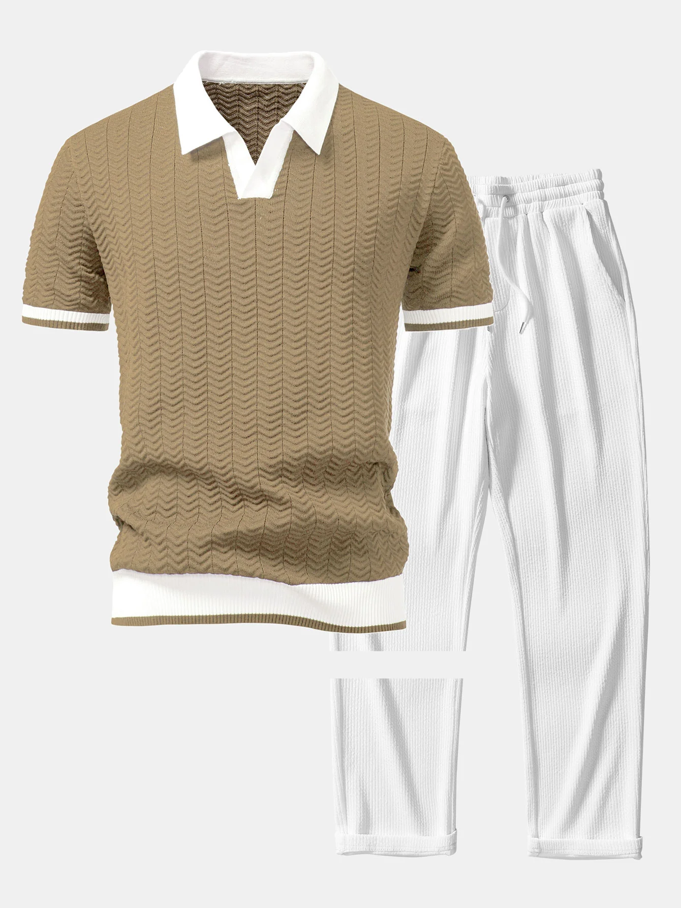 Strukturkontrast Strick V-Ausschnitt Poloshirts & Gerade Geschnittene Gerippte Hose - Image 5
