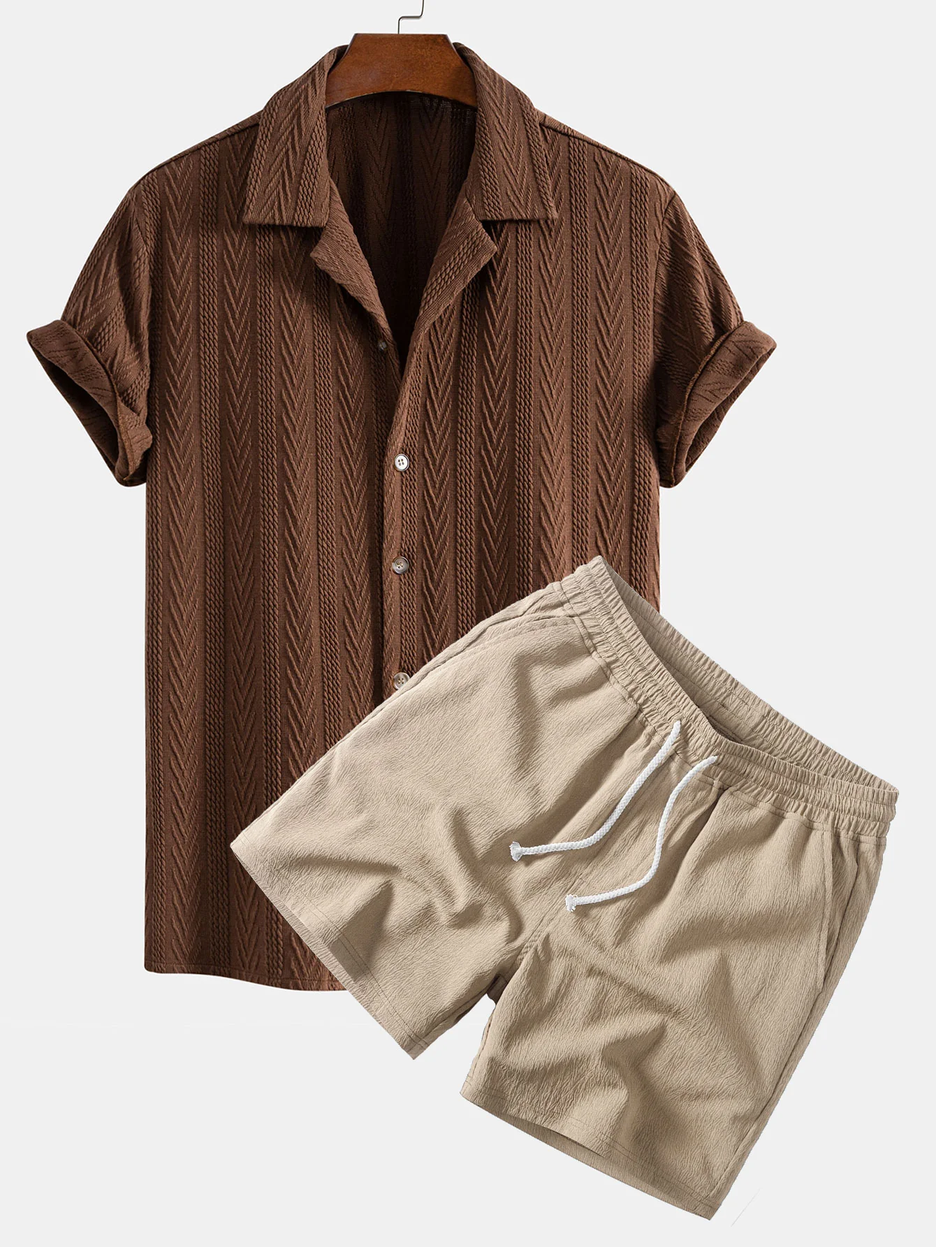 Texture Jacquard Cuban Shirt & Crinkle Textured Drawstring 5" Shorts - Image 2