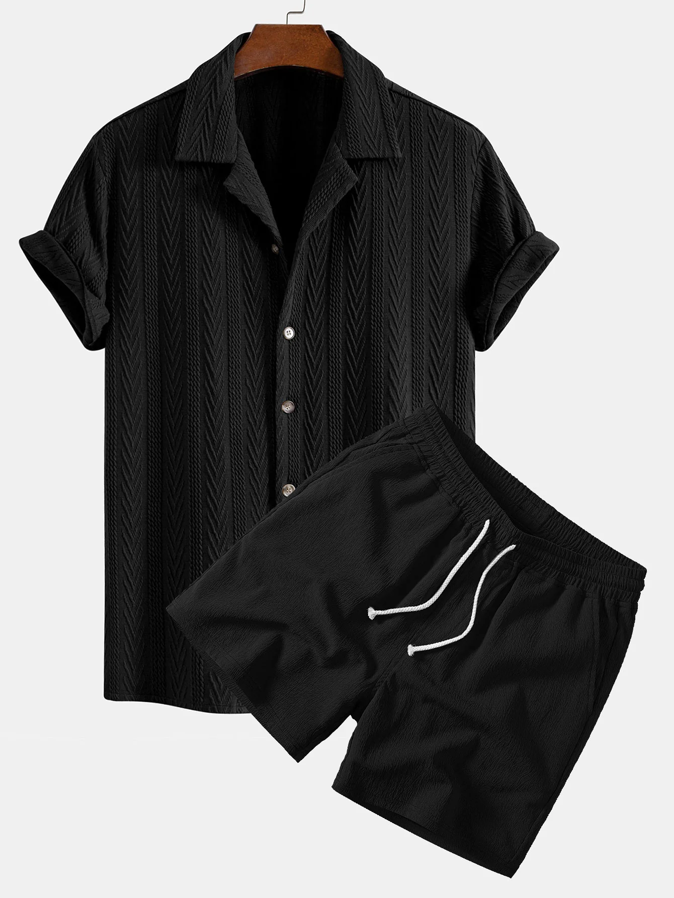 Texture Jacquard Cuban Shirt & Crinkle Textured Drawstring 5" Shorts - Image 3