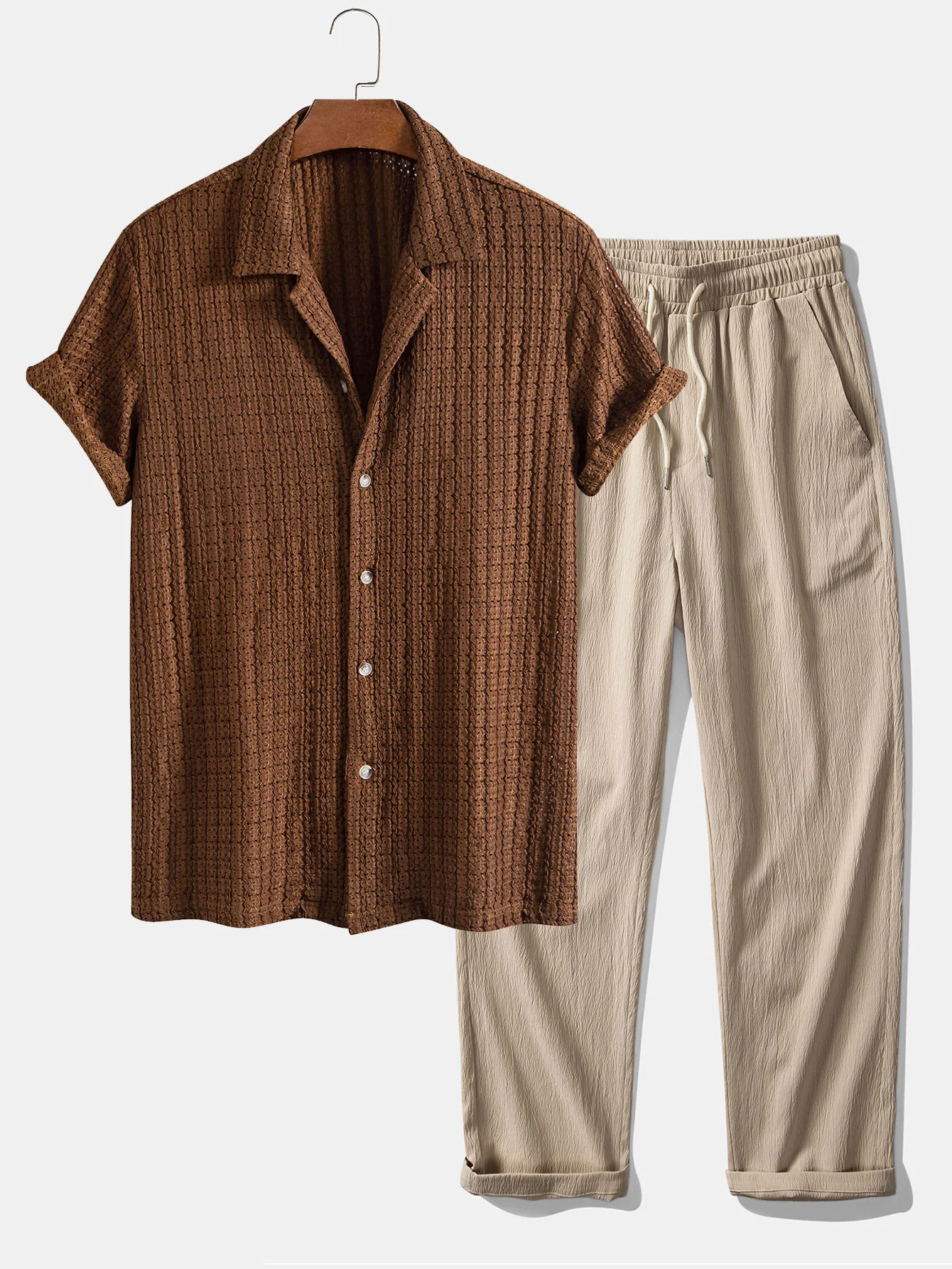 Texture Jacquard Cuban Shirt & Crinkle Textured Straight Leg Pants