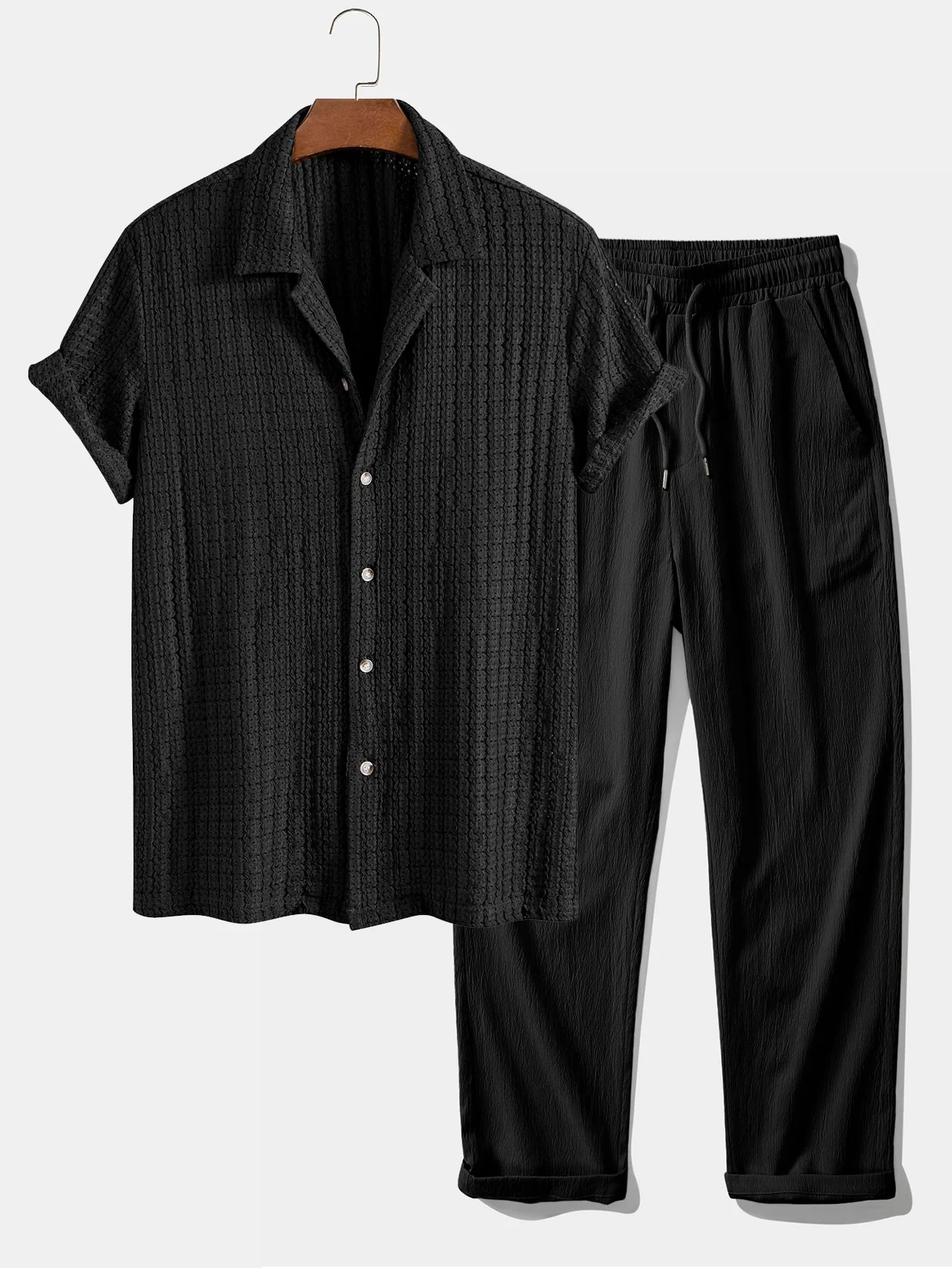 Texture Jacquard Cuban Shirt & Crinkle Textured Straight Leg Pants - Image 3