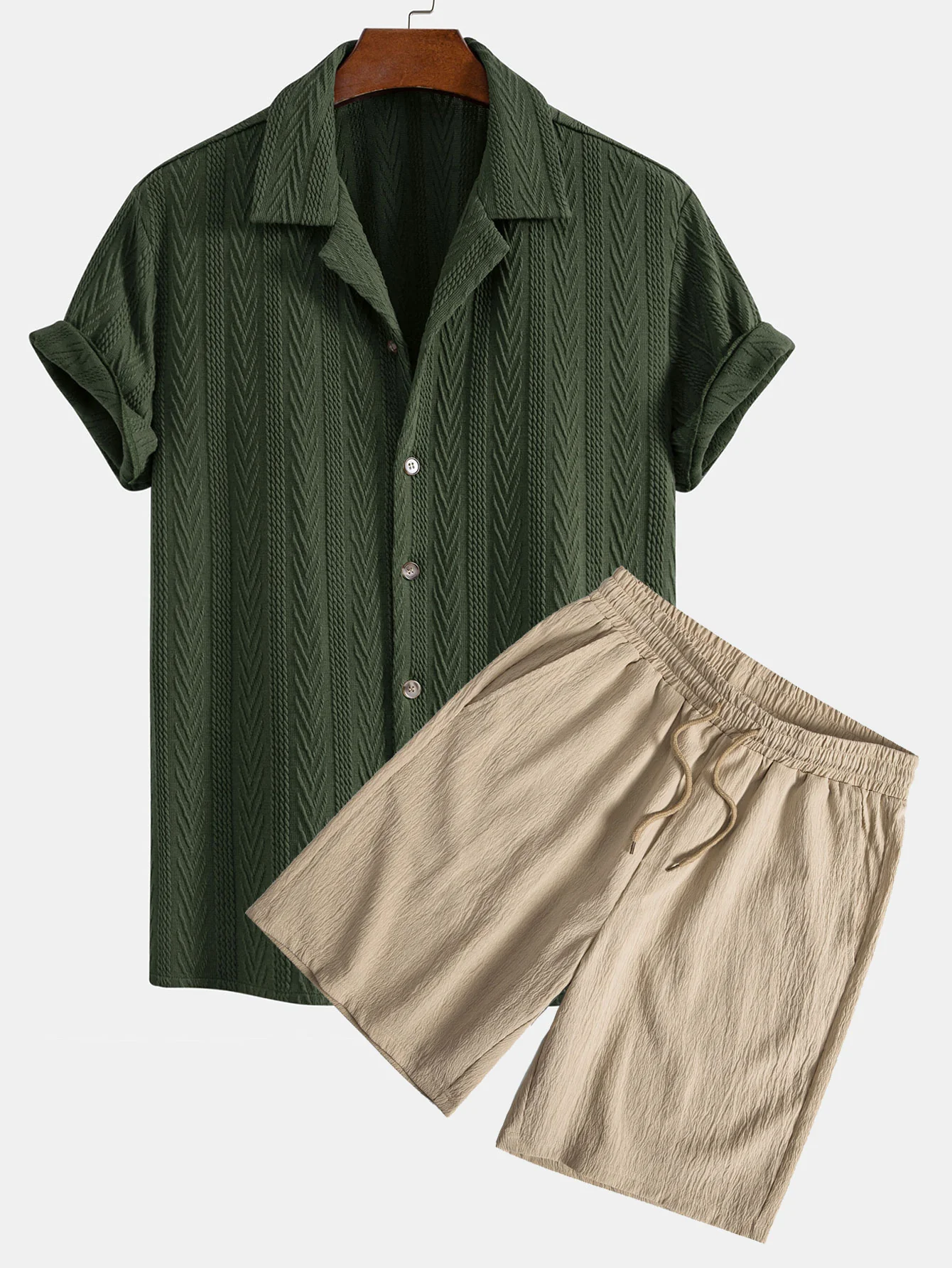 Textur Jacquard Cuban Hemd & geknitterte strukturierte Kordelzug Shorts