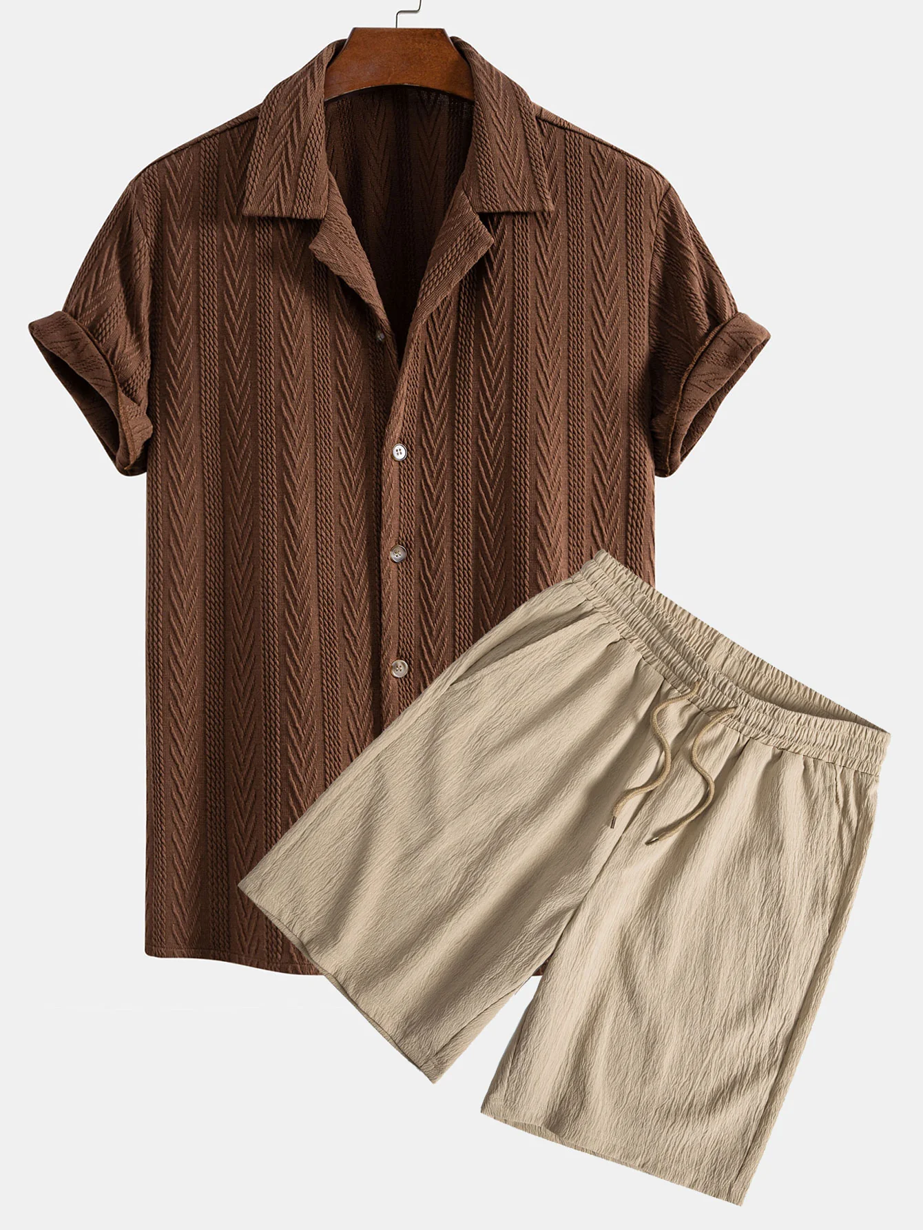 Textur Jacquard Cuban Hemd & geknitterte strukturierte Kordelzug Shorts - Image 2