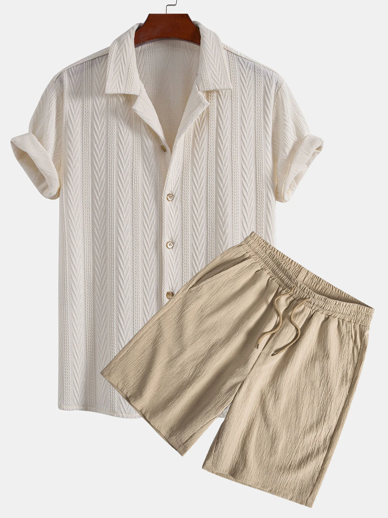 Textur Jacquard Cuban Hemd & geknitterte strukturierte Kordelzug Shorts - Image 4