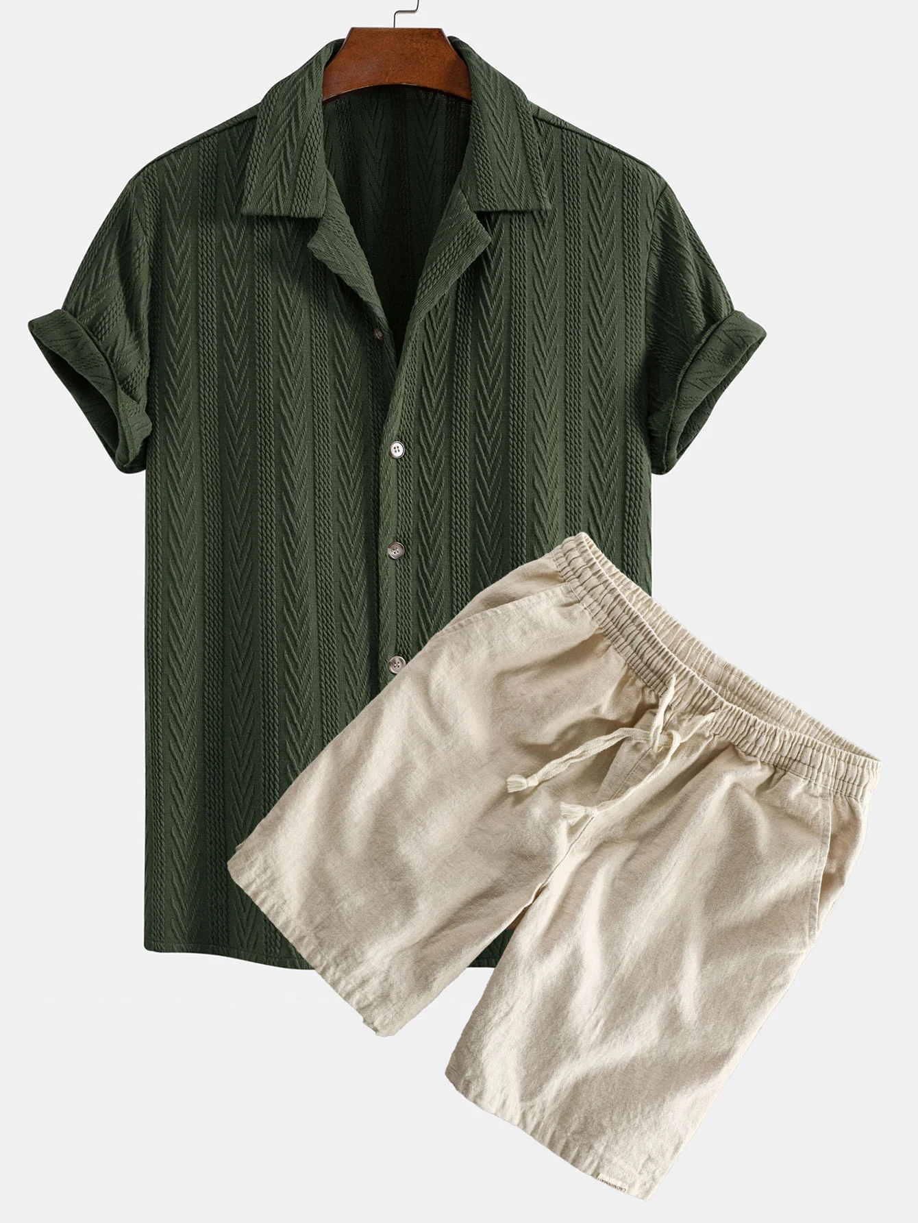 Textur Jacquard Kubanisches Hemd & Leinen-Baumwoll-Mischung mit Kordelzug-Shorts