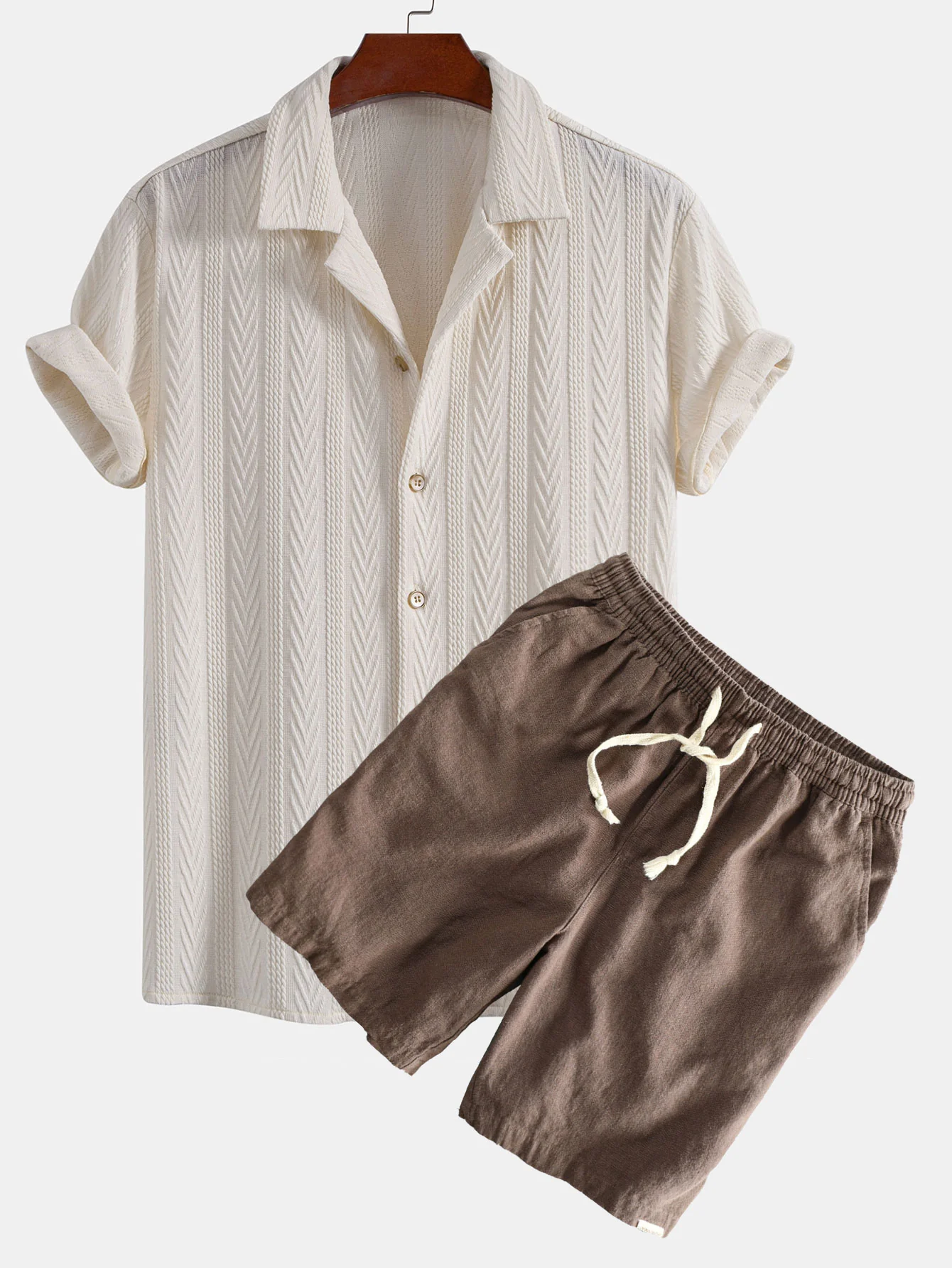Textur Jacquard Kubanisches Hemd & Leinen-Baumwoll-Mischung mit Kordelzug-Shorts - Image 3