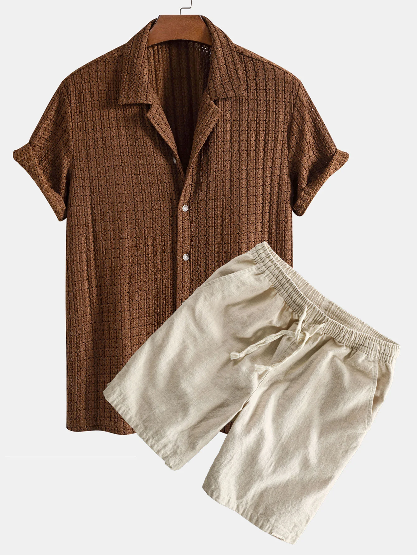 Textur Jacquard Kubanisches Hemd & Leinen-Baumwoll-Mischung mit Kordelzug-Shorts