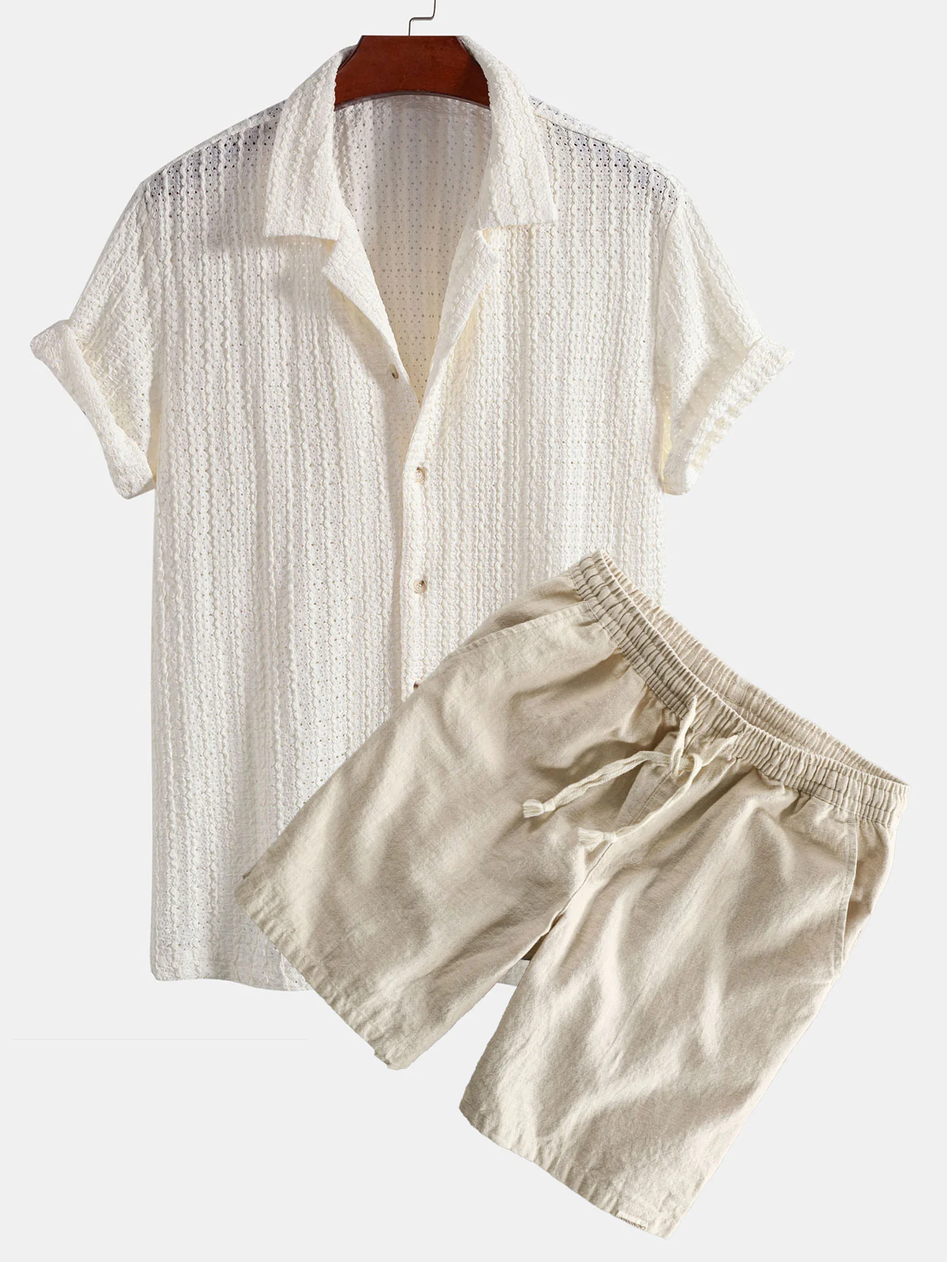 Textur Jacquard Kubanisches Hemd & Leinen-Baumwoll-Mischung mit Kordelzug-Shorts - Image 2