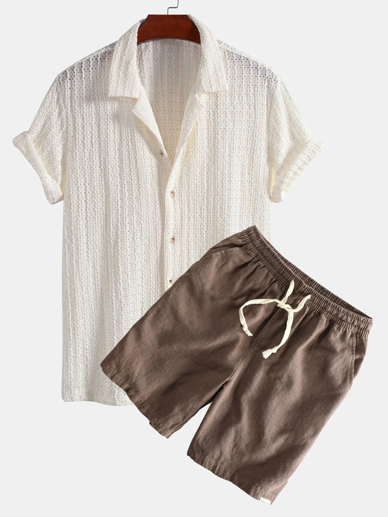 Textur Jacquard Kubanisches Hemd & Leinen-Baumwoll-Mischung mit Kordelzug-Shorts - Image 3