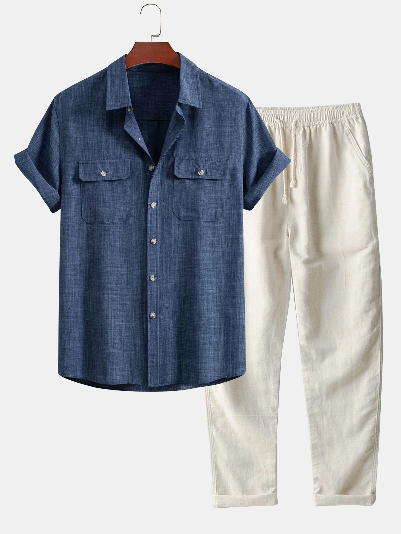 Strukturiertes Hemd mit Knopfleiste und zwei Taschen & Leinenhose mit geradem Bein - Image 2