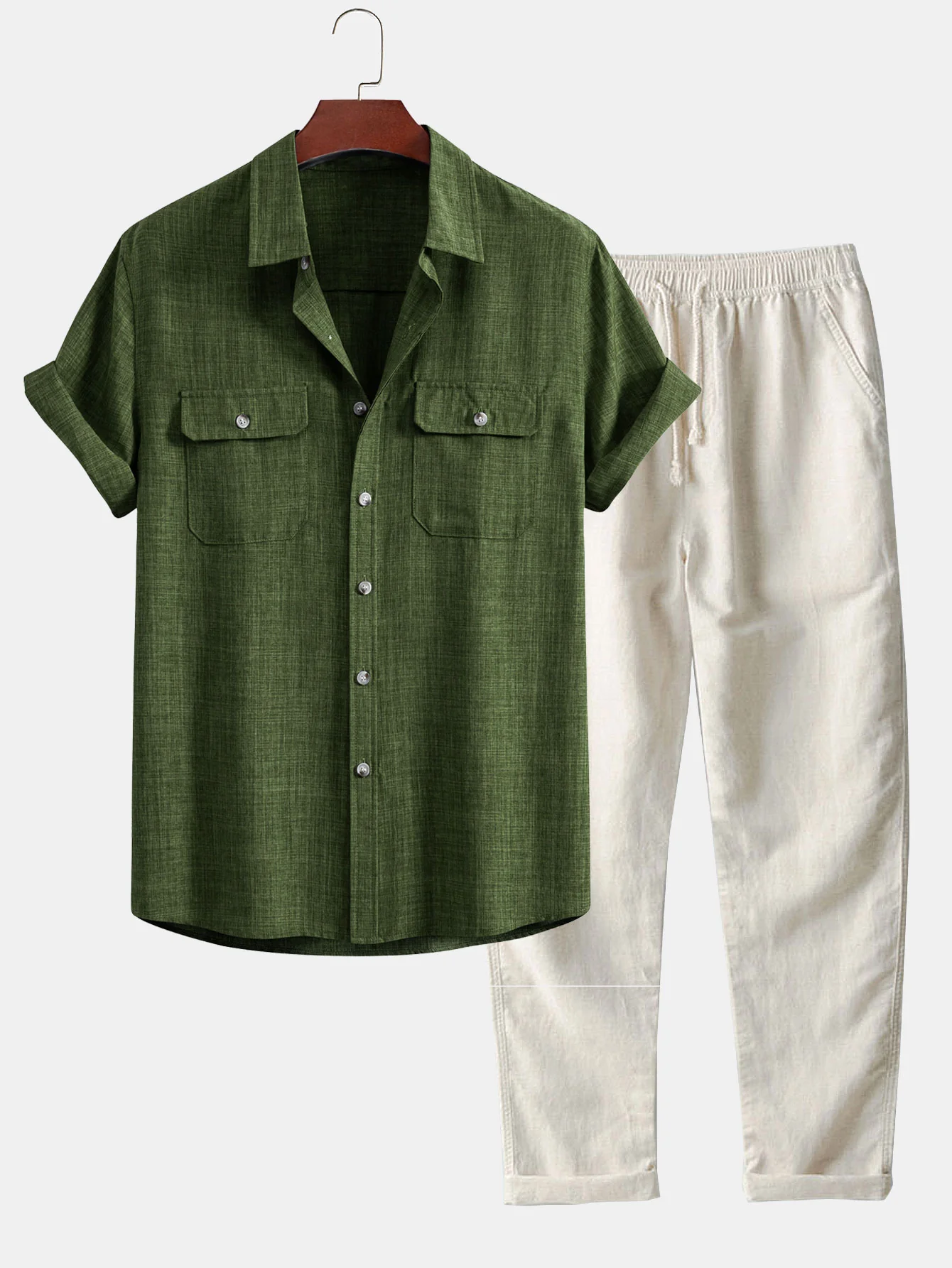 Strukturiertes Hemd mit Knopfleiste und zwei Taschen & Leinenhose mit geradem Bein - Image 3