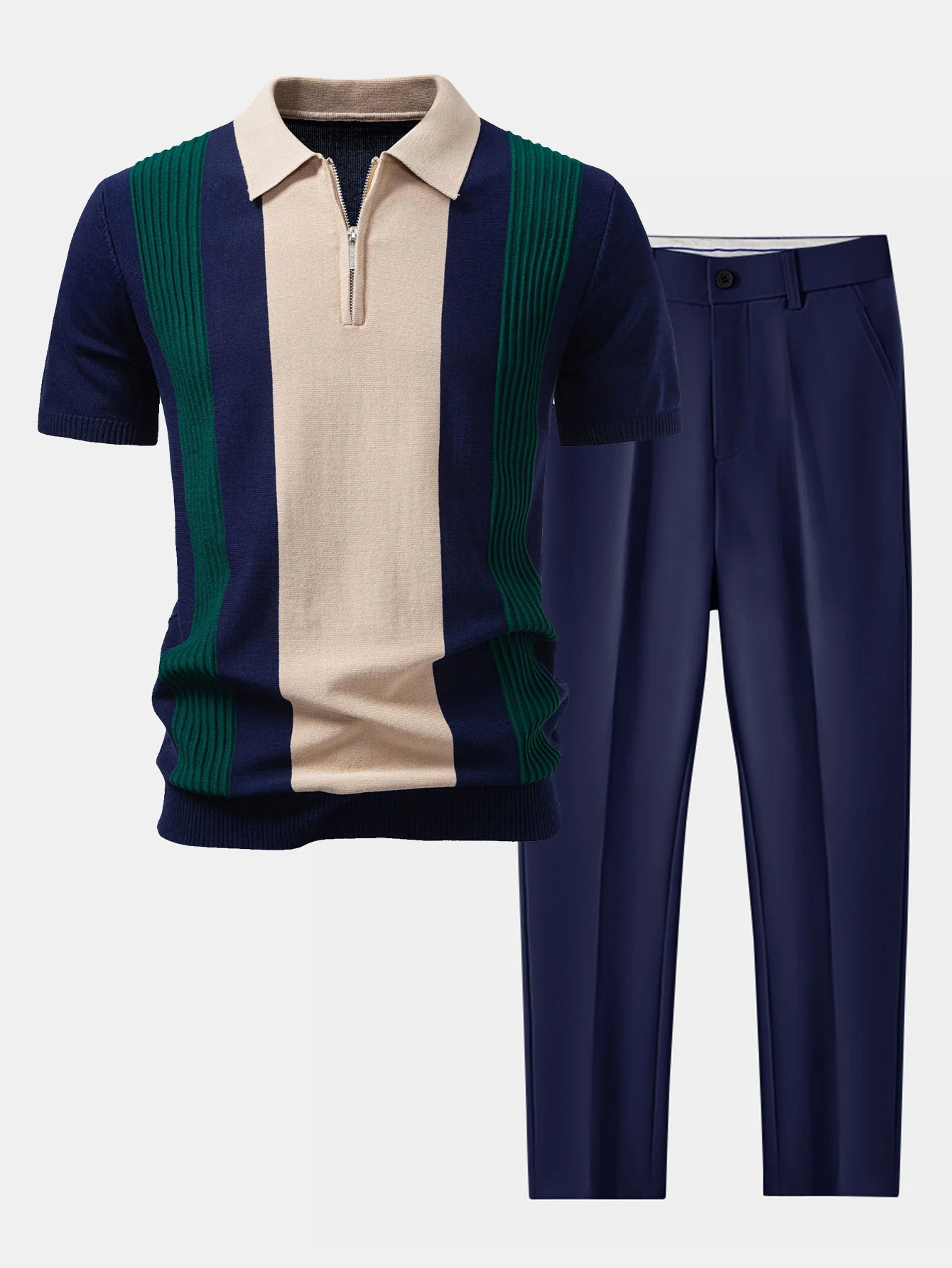 Strukturierte Farbblock Strick Poloshirts & Schlanke, Verjüngte Hose - Image 2