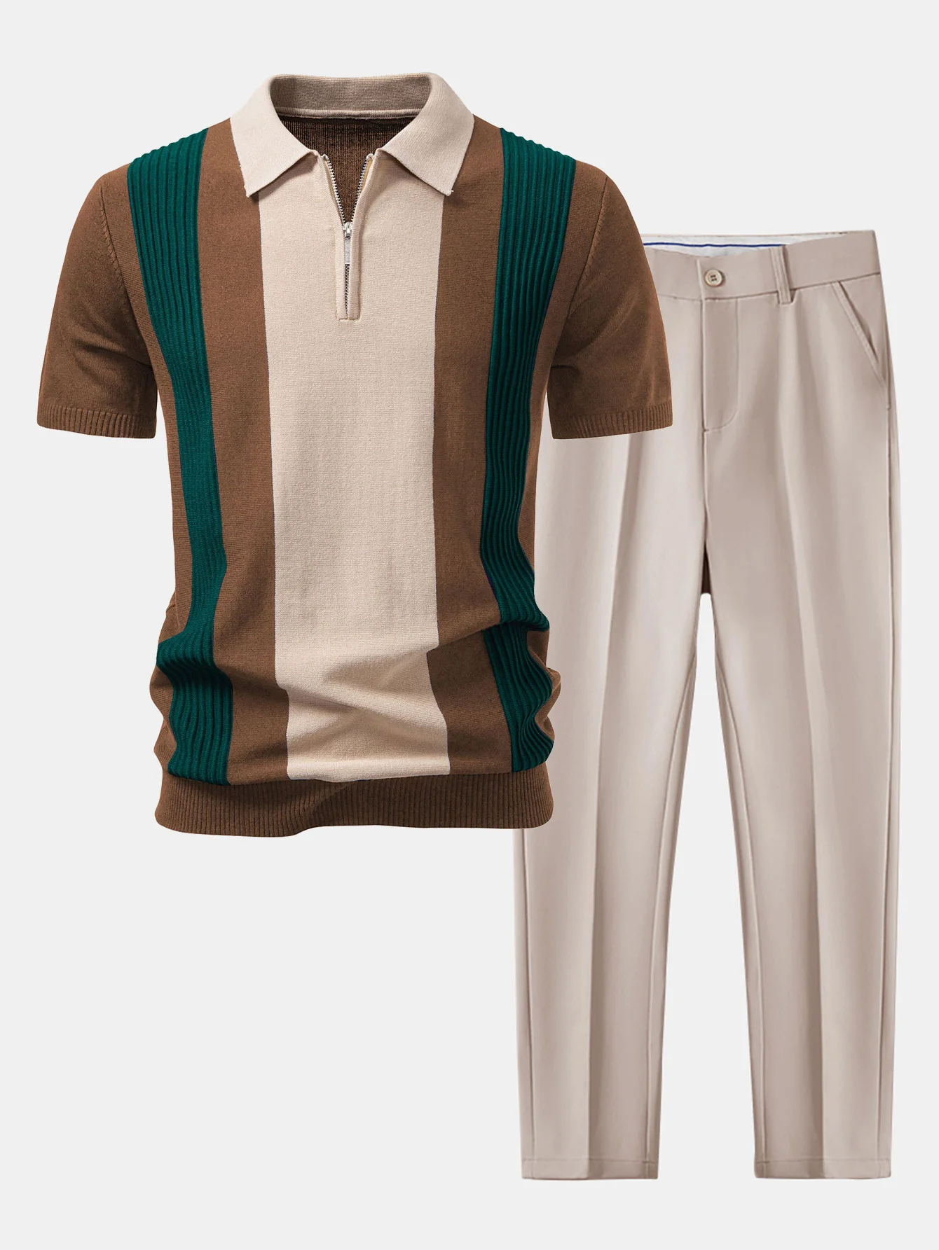 Strukturierte Farbblock Strick Poloshirts & Schlanke, Verjüngte Hose - Image 3