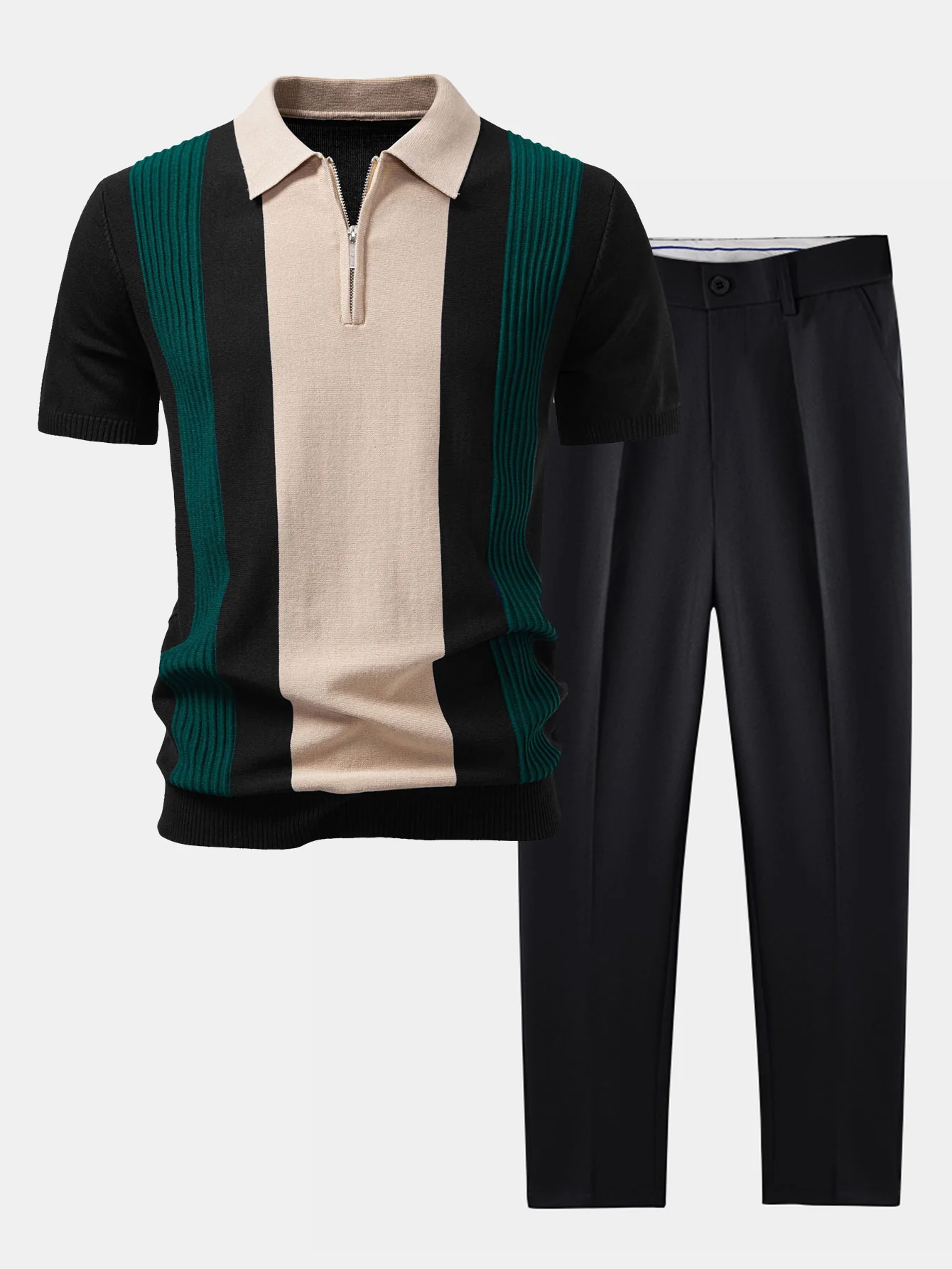 Strukturierte Farbblock Strick Poloshirts & Schlanke, Verjüngte Hose - Image 4