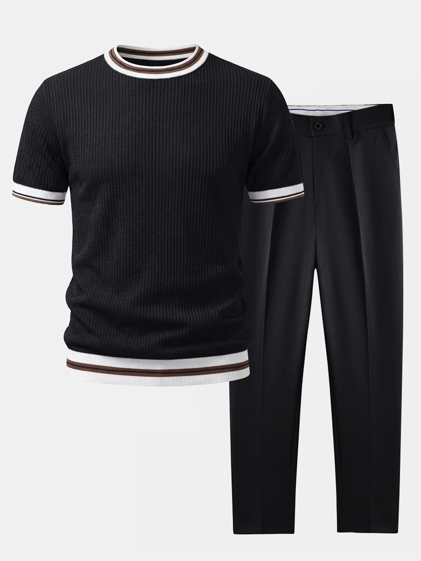 Textured Contrast Crew Neck Knit T-Shirt & Slim Fit Tapered Trousers - Image 2