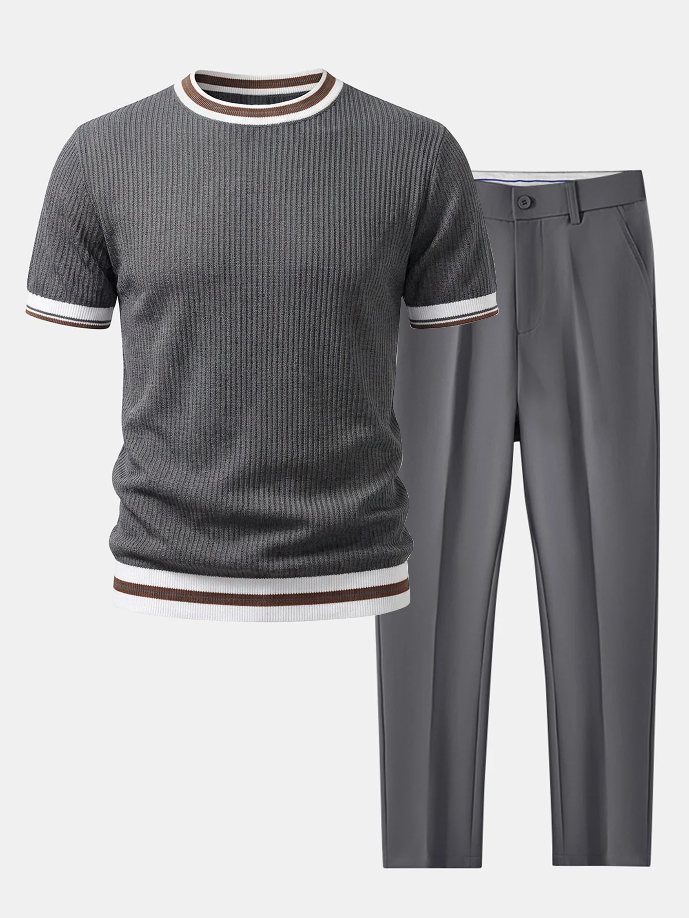 Textured Contrast Crew Neck Knit T-Shirt & Slim Fit Tapered Trousers - Image 3