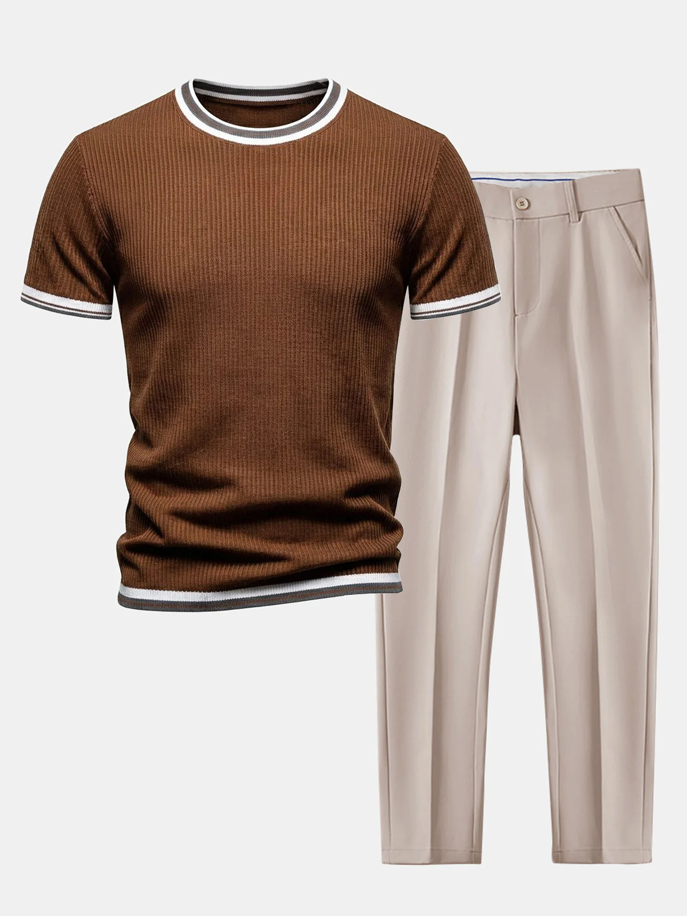 Textured Contrast Crew Neck Knit T-Shirt & Slim Fit Tapered Trousers - Image 4