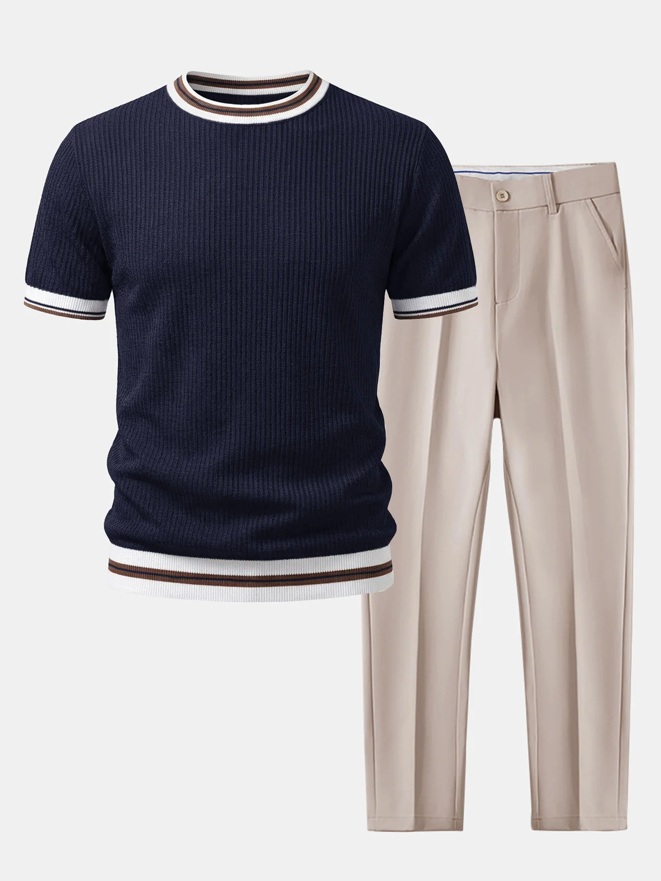 Textured Contrast Crew Neck Knit T-Shirt & Slim Fit Tapered Trousers - Image 5