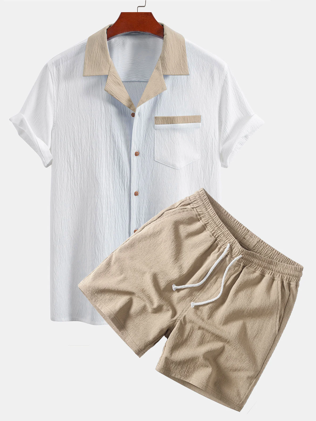 Crinkle Textured Contrast Cuban Shirt & Drawstring 5" Shorts
