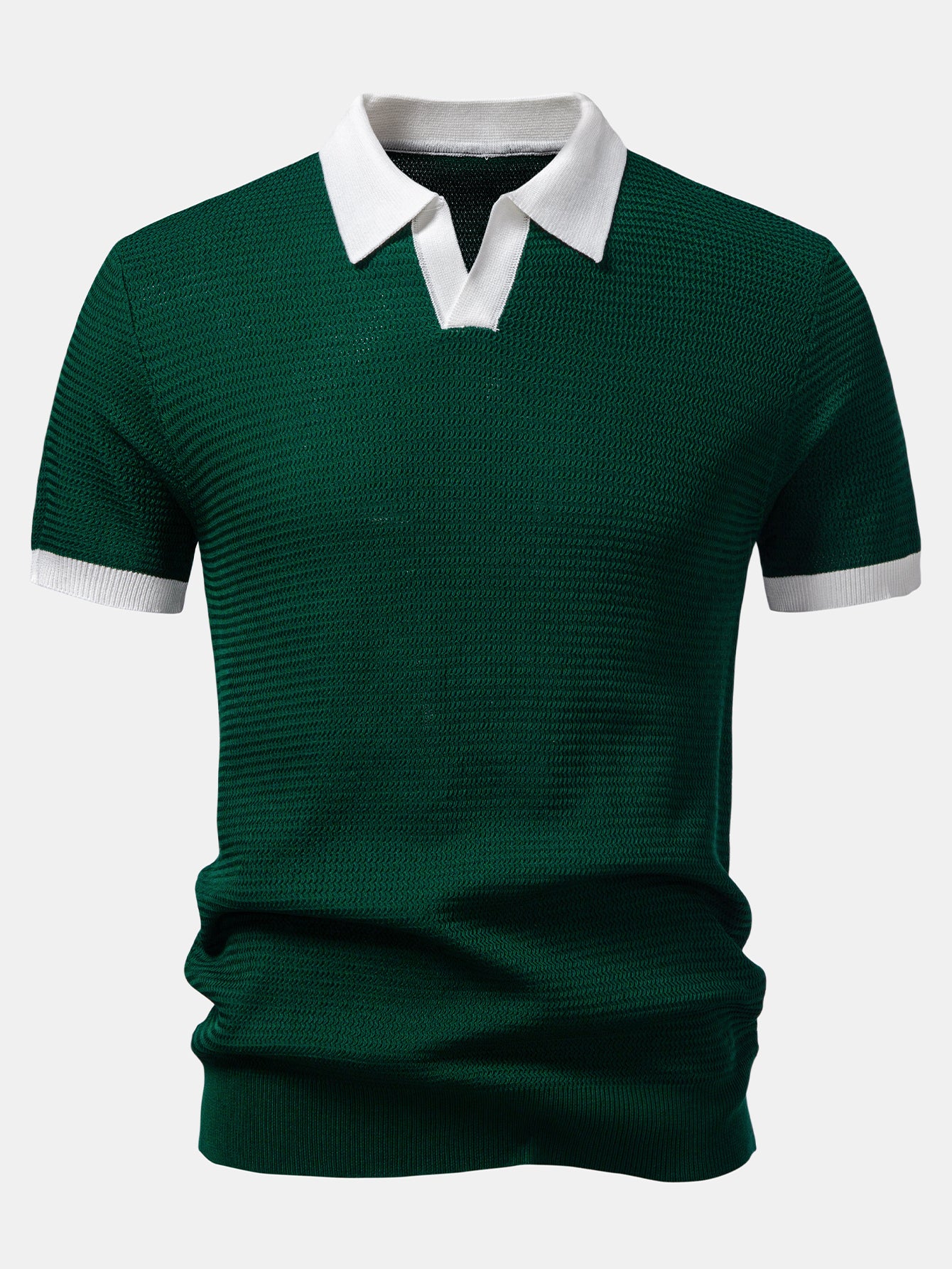 Textured Contrast Johnny Collar Knit Polo - Image 3