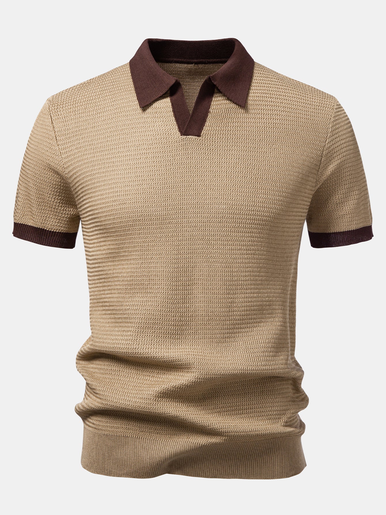 Textured Contrast Johnny Collar Knit Polo - Image 5