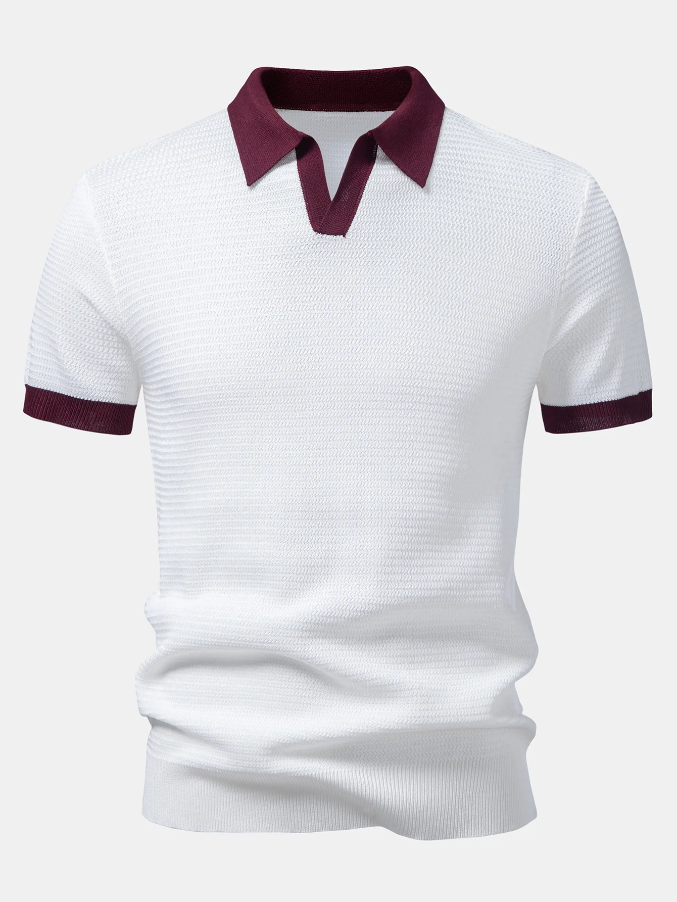 Textured Contrast Johnny Collar Knit Polo - Image 7