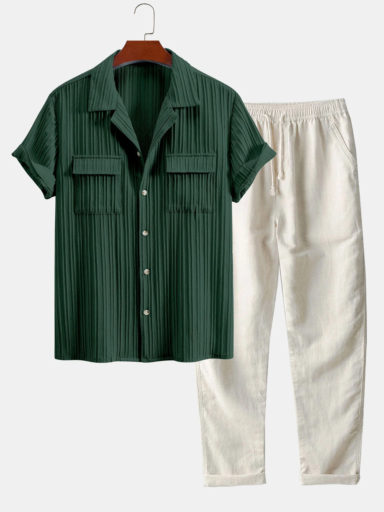 Texturiertes Hemd mit kubanischem Kragen und Tasche & Leinenhose mit geradem Bein - Image 3