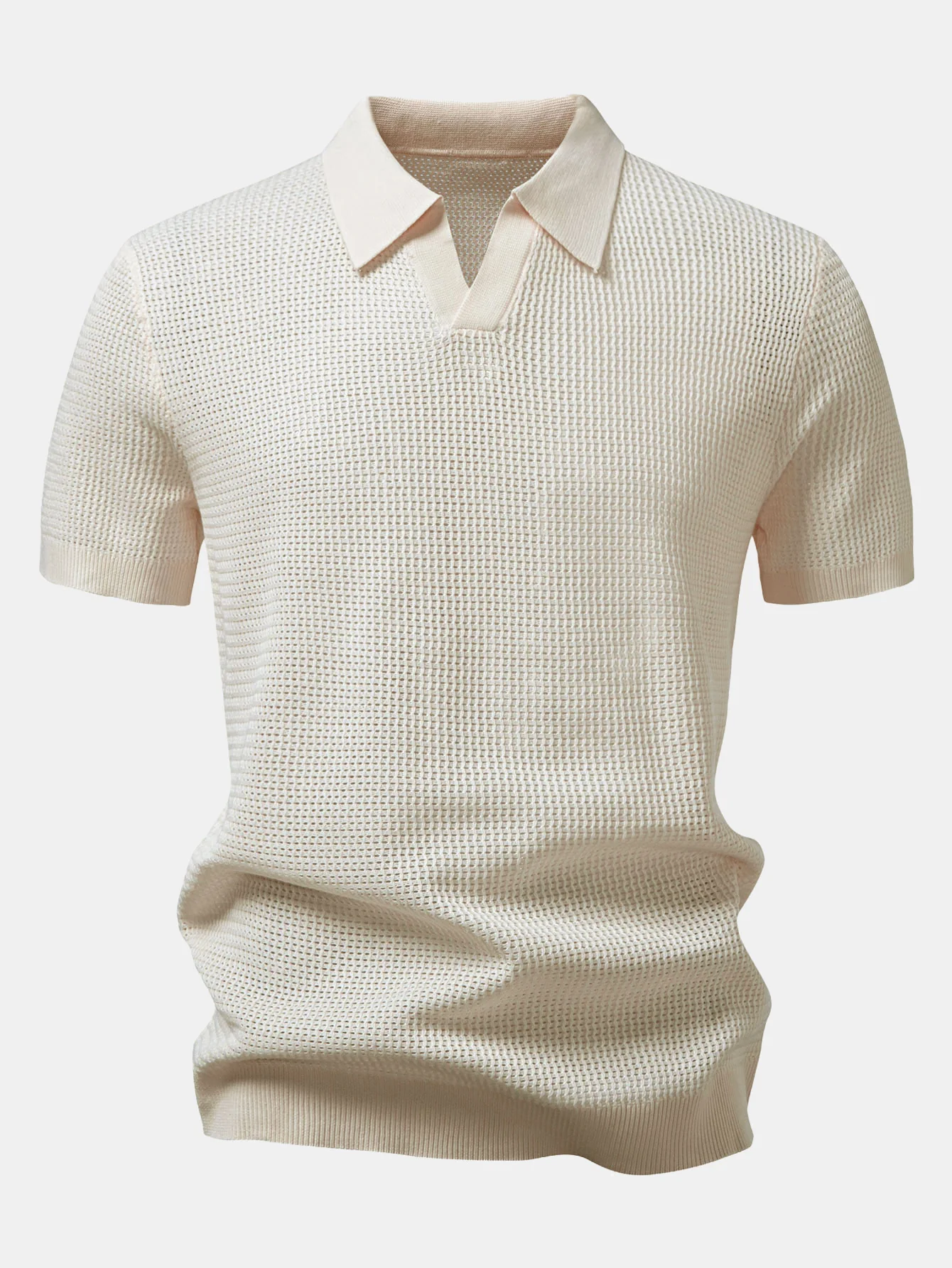 Textured Johnny Collar Crocheted Knit Polo - Image 3