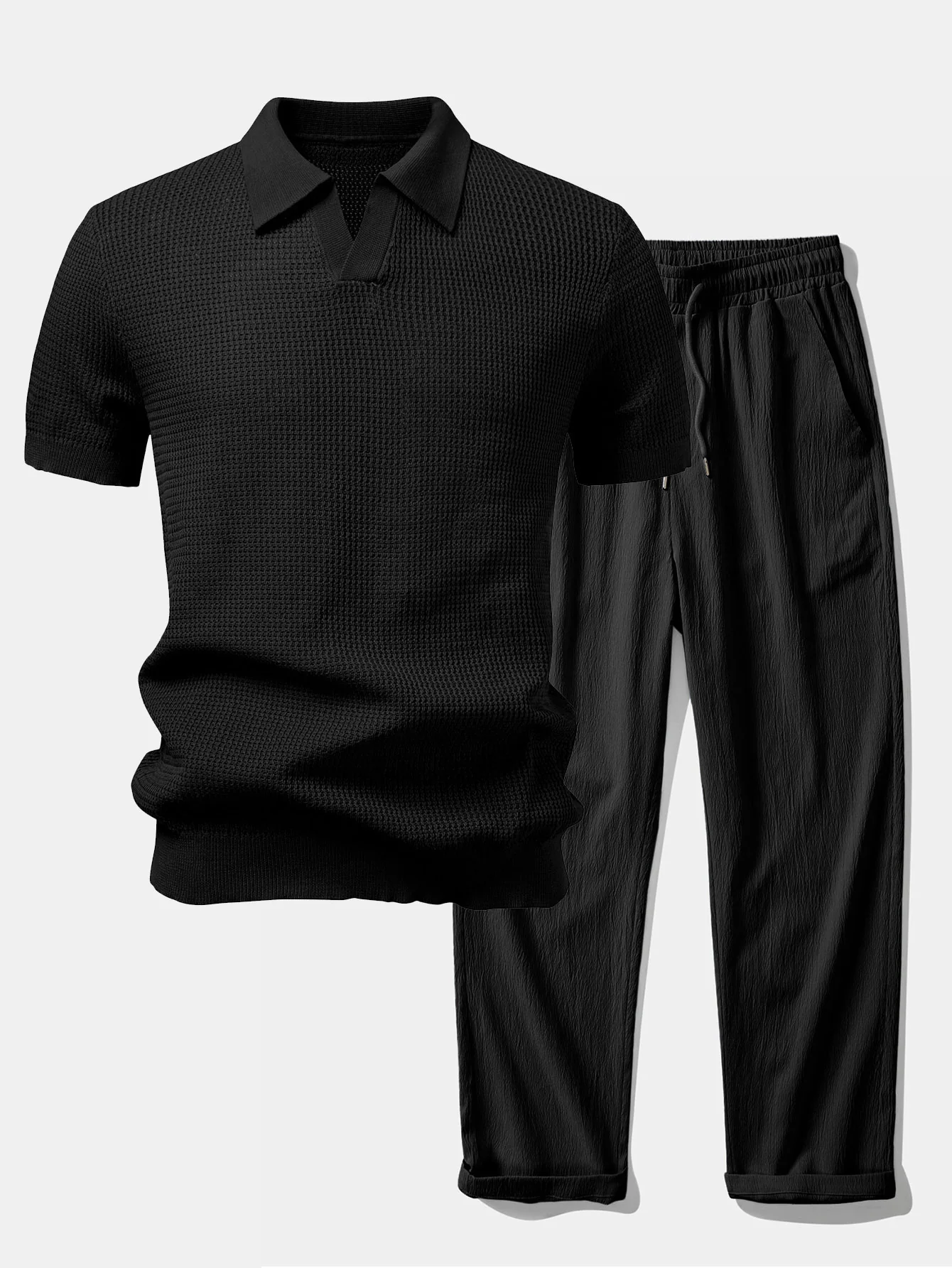 Textured Johnny Collar Crocheted Knit Polo & Crinkle Textured Straight Leg Pants - Image 3