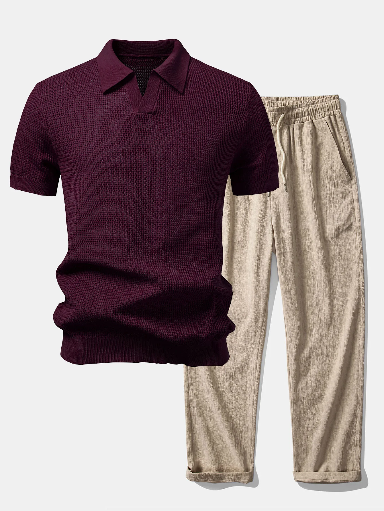 Textured Johnny Collar Crocheted Knit Polo & Crinkle Textured Straight Leg Pants - Image 4