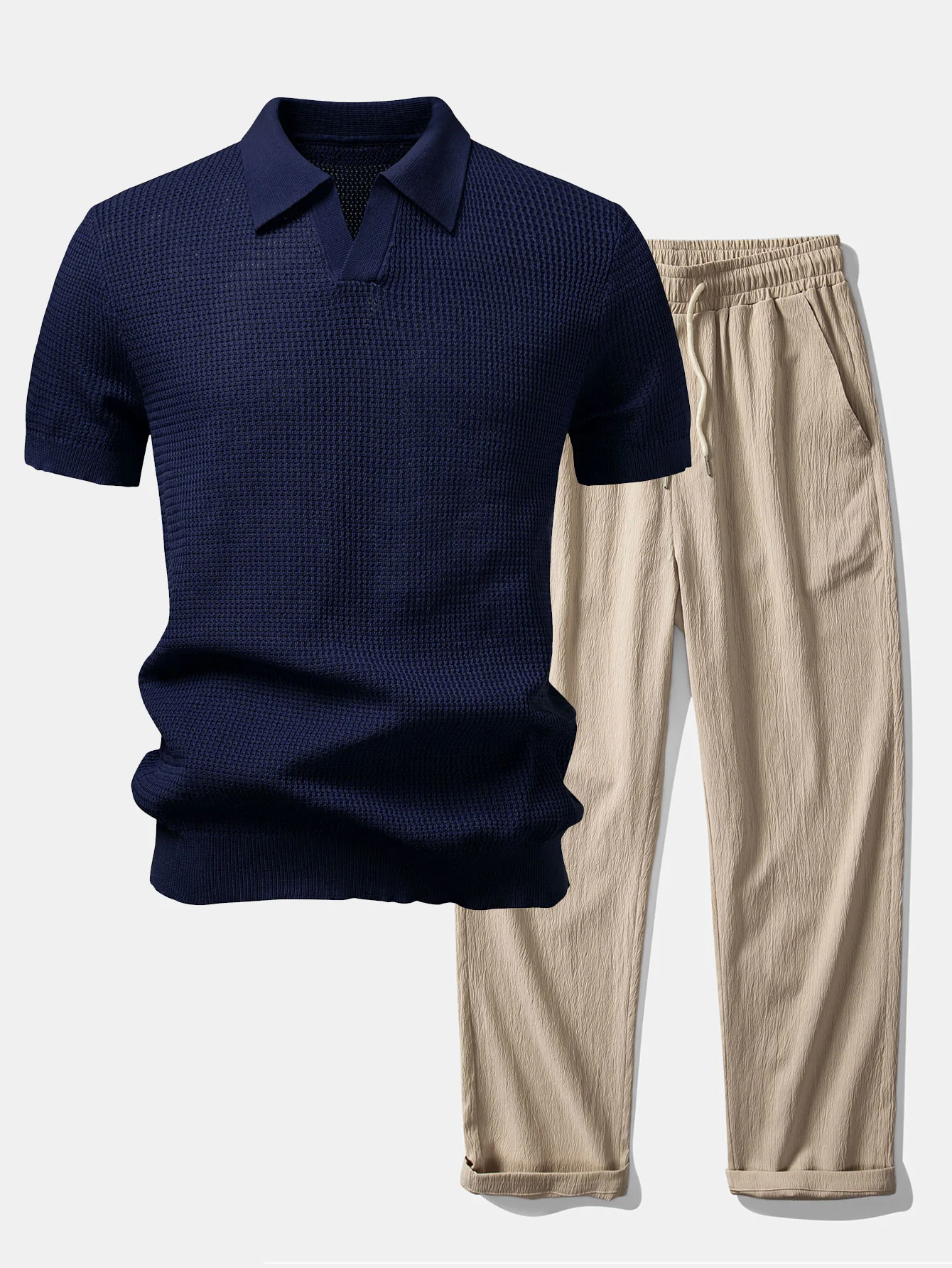 Textured Johnny Collar Crocheted Knit Polo & Crinkle Textured Straight Leg Pants - Image 5