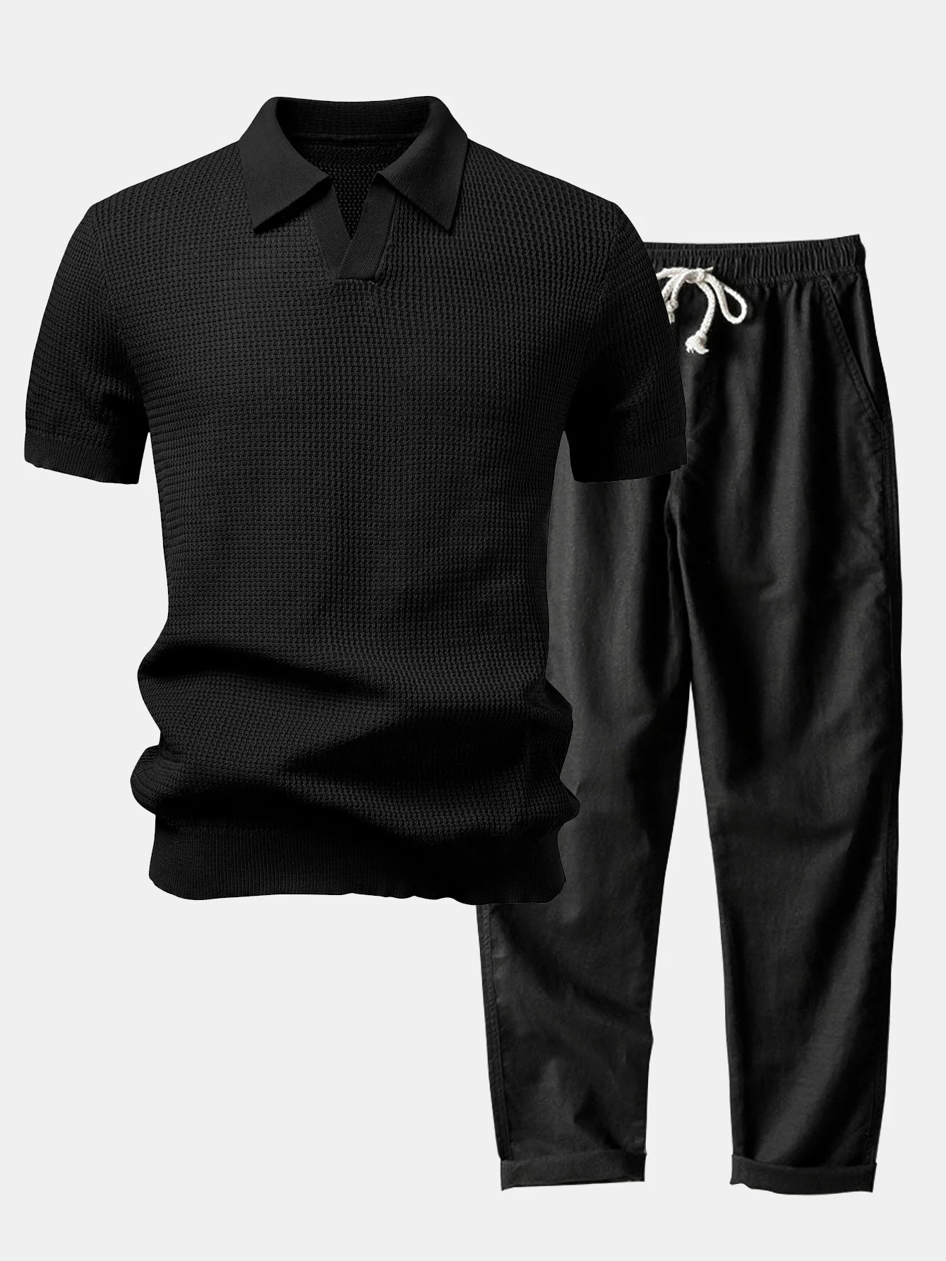 Textured Johnny Collar Crocheted Knit Polo & Straight Leg Linen Pants - Image 3