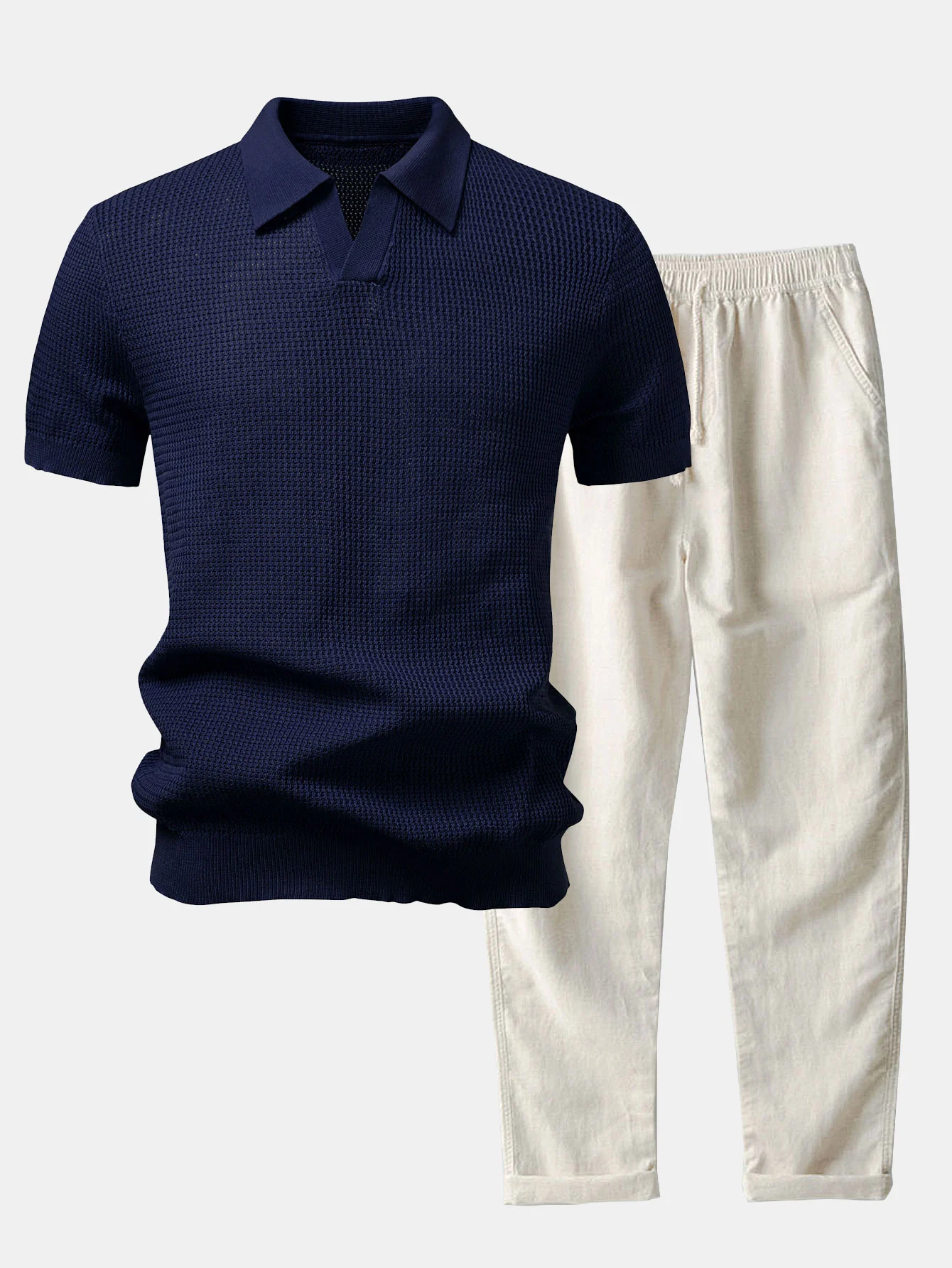 Textured Johnny Collar Crocheted Knit Polo & Straight Leg Linen Pants - Image 4