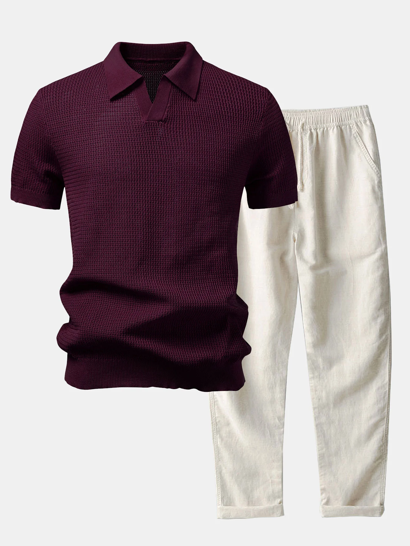 Textured Johnny Collar Crocheted Knit Polo & Straight Leg Linen Pants - Image 5