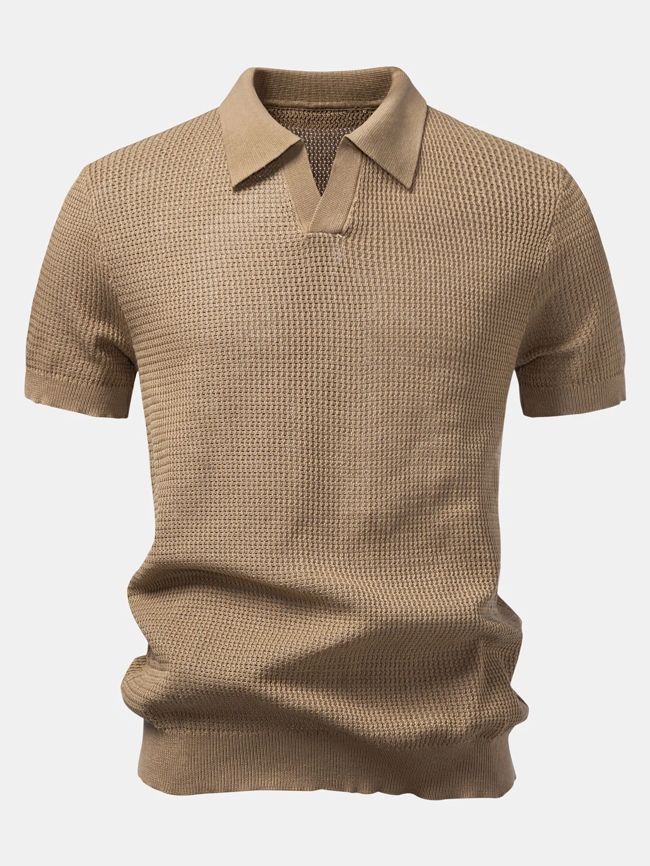 Textured Johnny Collar Crocheted Knit Polo & Crinkle Textured Straight Leg Pants - Image 6