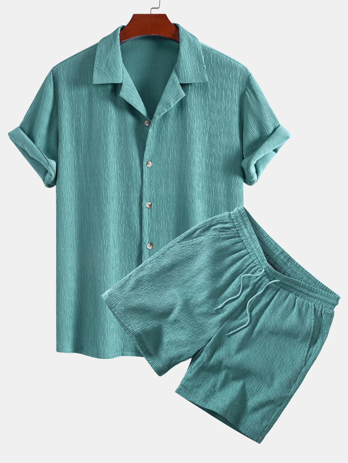 Textured Seersucker Short Sleeve Shirt & Drawstring 6“ Shorts Set
