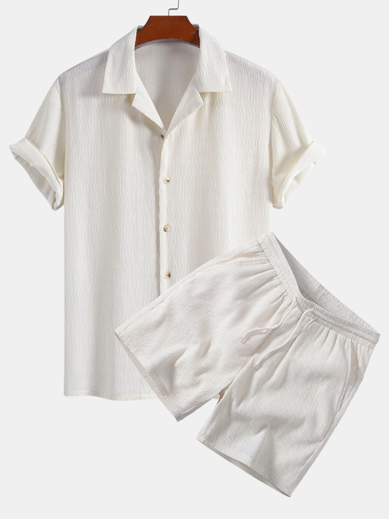 Textured Seersucker Short Sleeve Shirt & Drawstring 6“ Shorts Set - Image 2