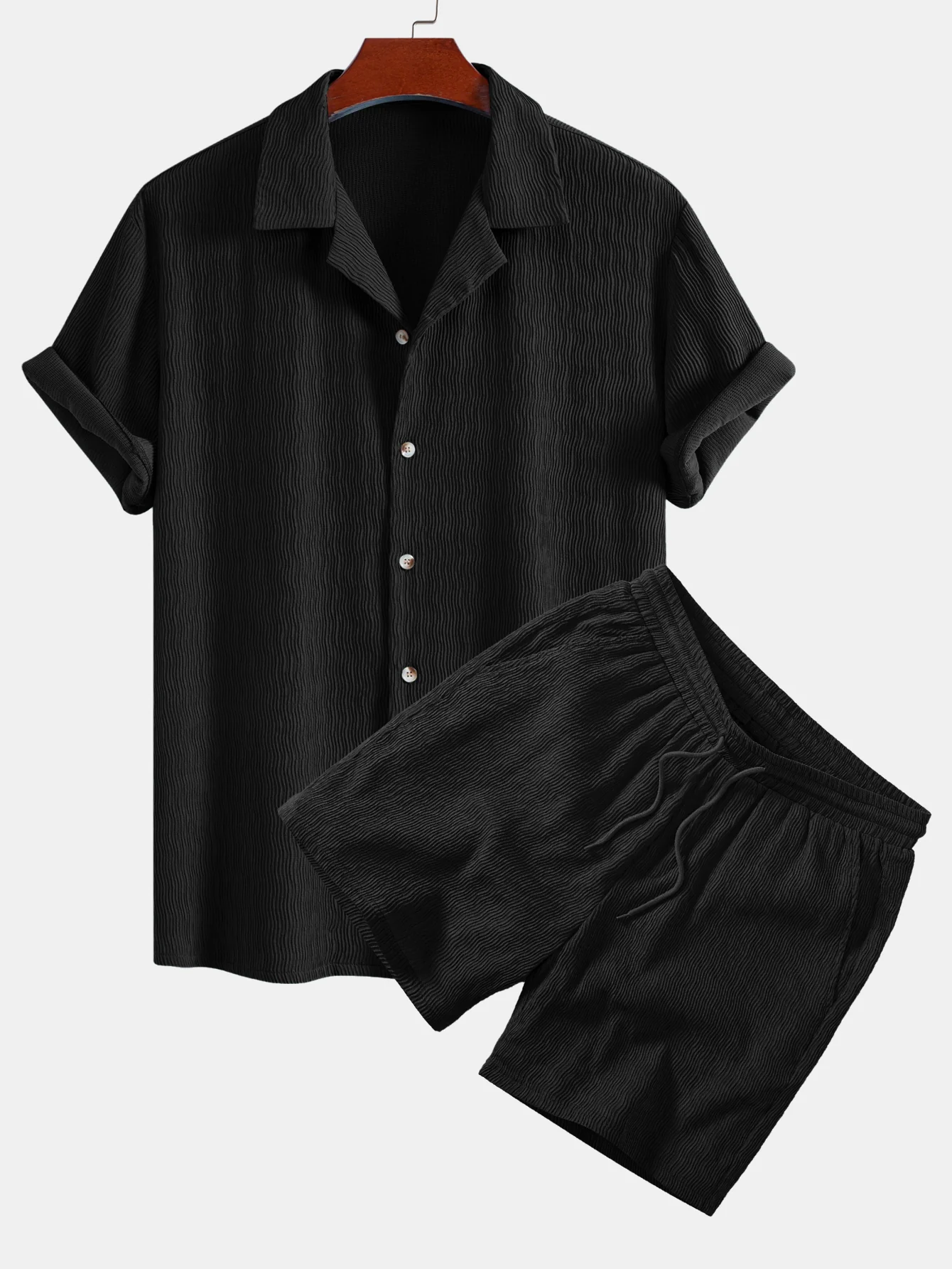 Textured Seersucker Short Sleeve Shirt & Drawstring 6“ Shorts Set - Image 3