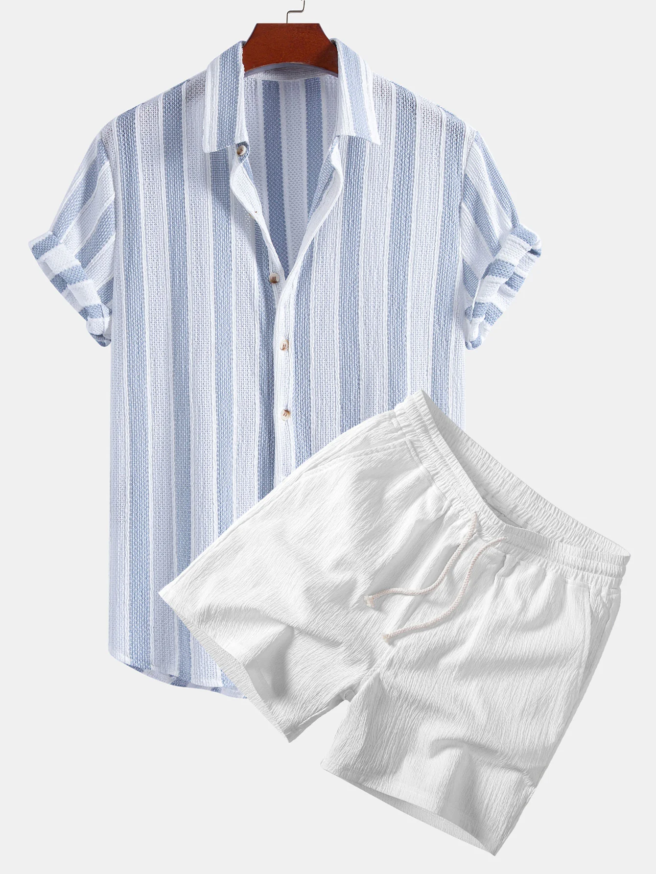 Textured Striped Button Up Shirt & Crinkle Textured Drawstring 5" Shorts - Image 2