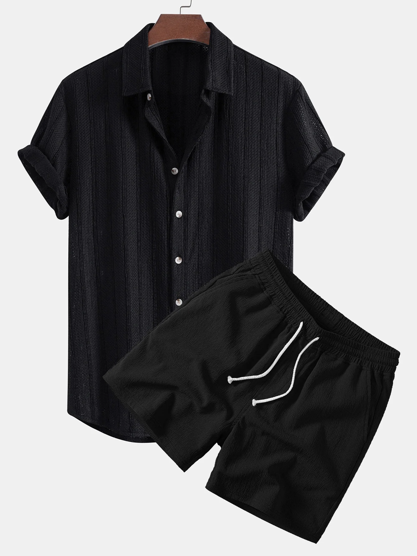 Textured Striped Button Up Shirt & Crinkle Textured Drawstring 5" Shorts - Image 3