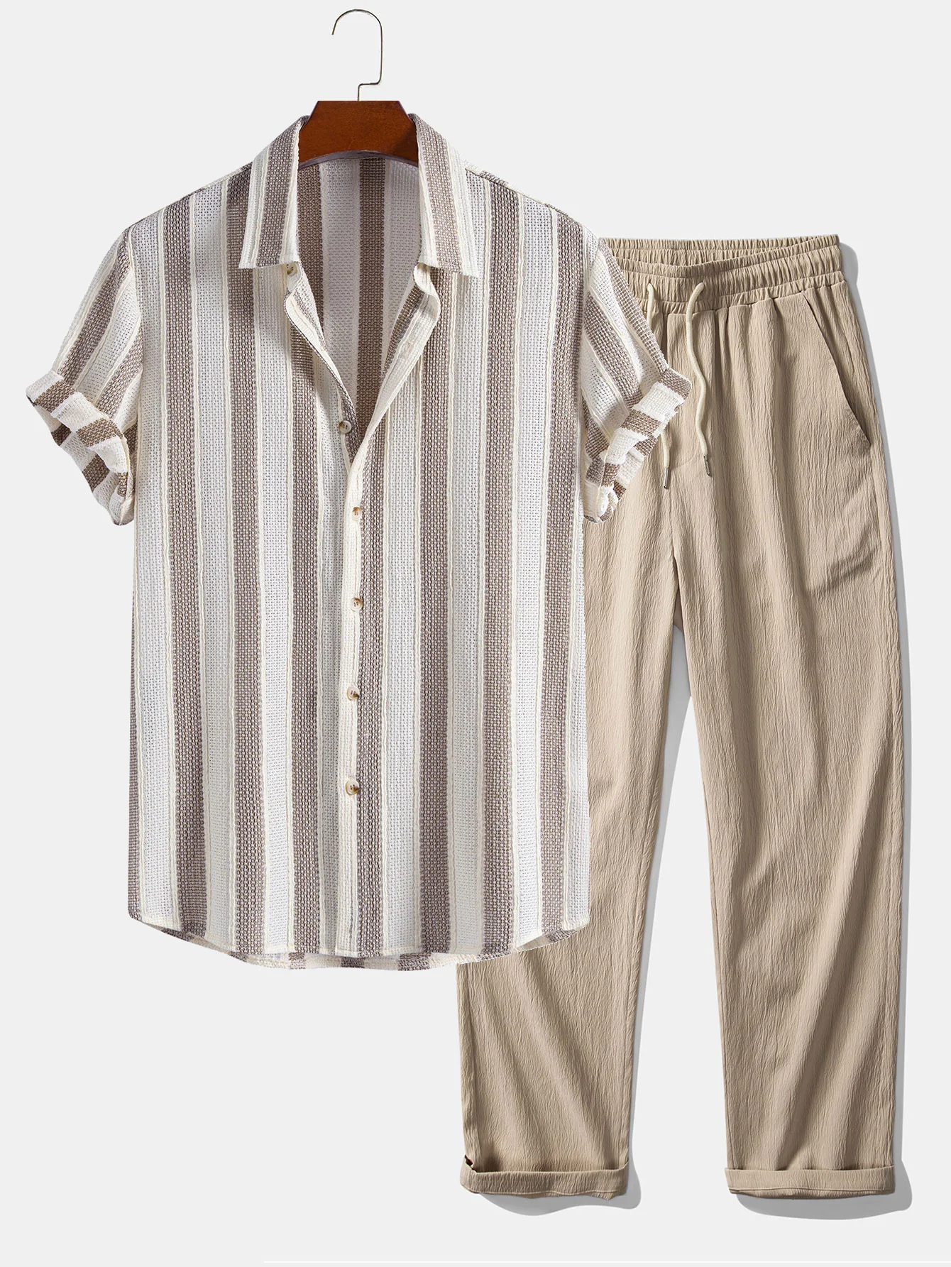Textured Striped Button Up Shirt & Crinkle Textured Straight Leg Pants