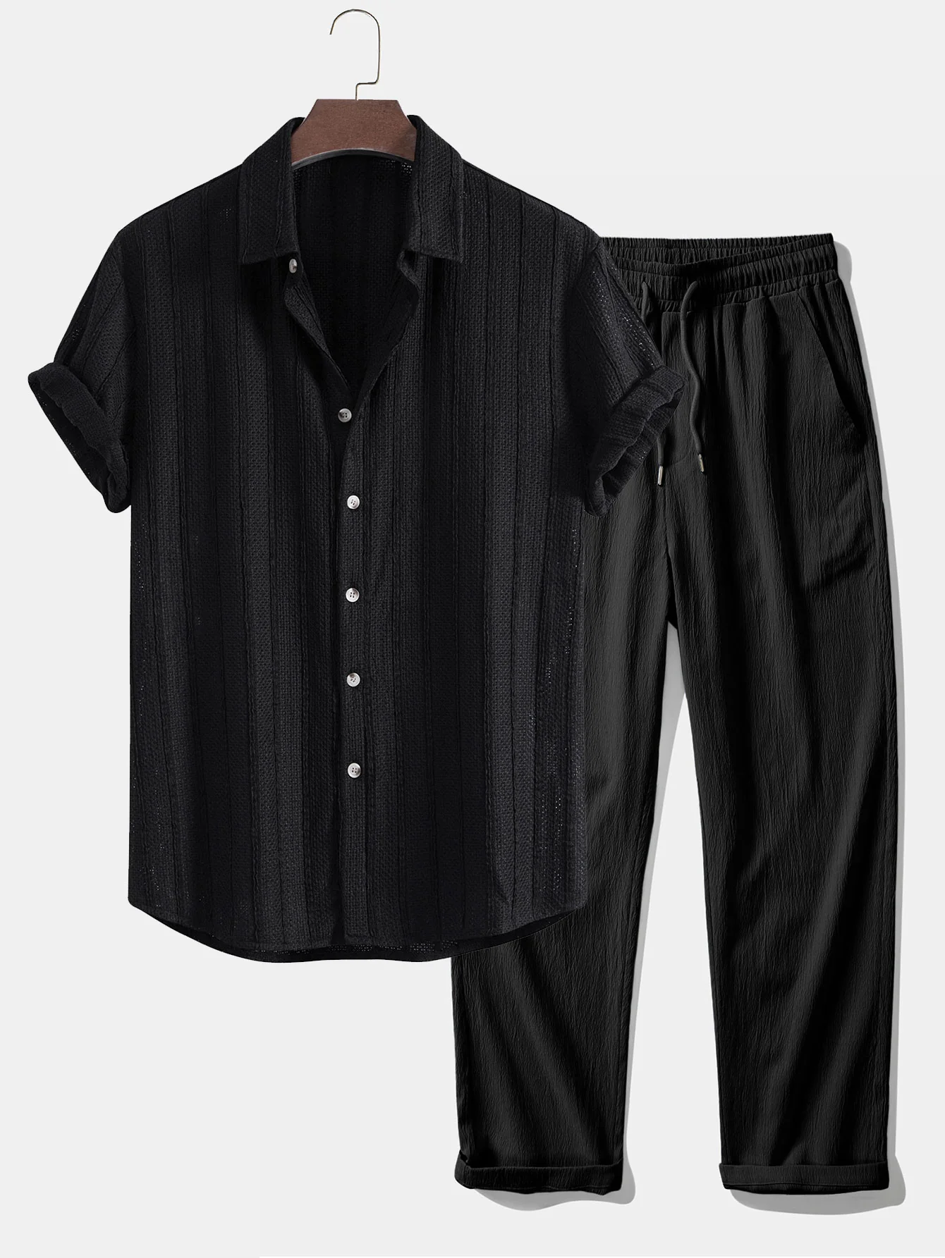 Textured Striped Button Up Shirt & Crinkle Textured Straight Leg Pants - Image 2