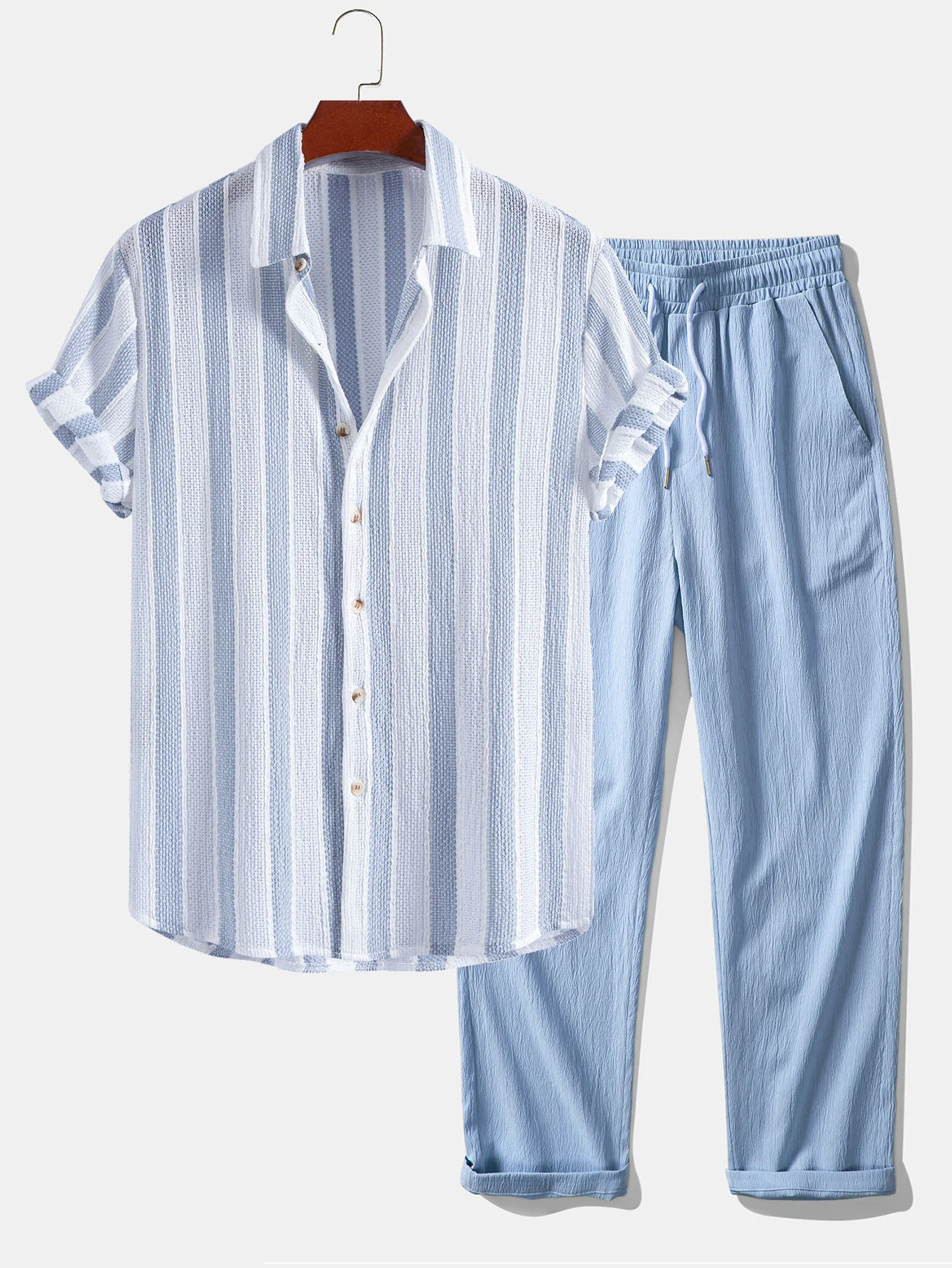 Textured Striped Button Up Shirt & Crinkle Textured Straight Leg Pants - Image 3