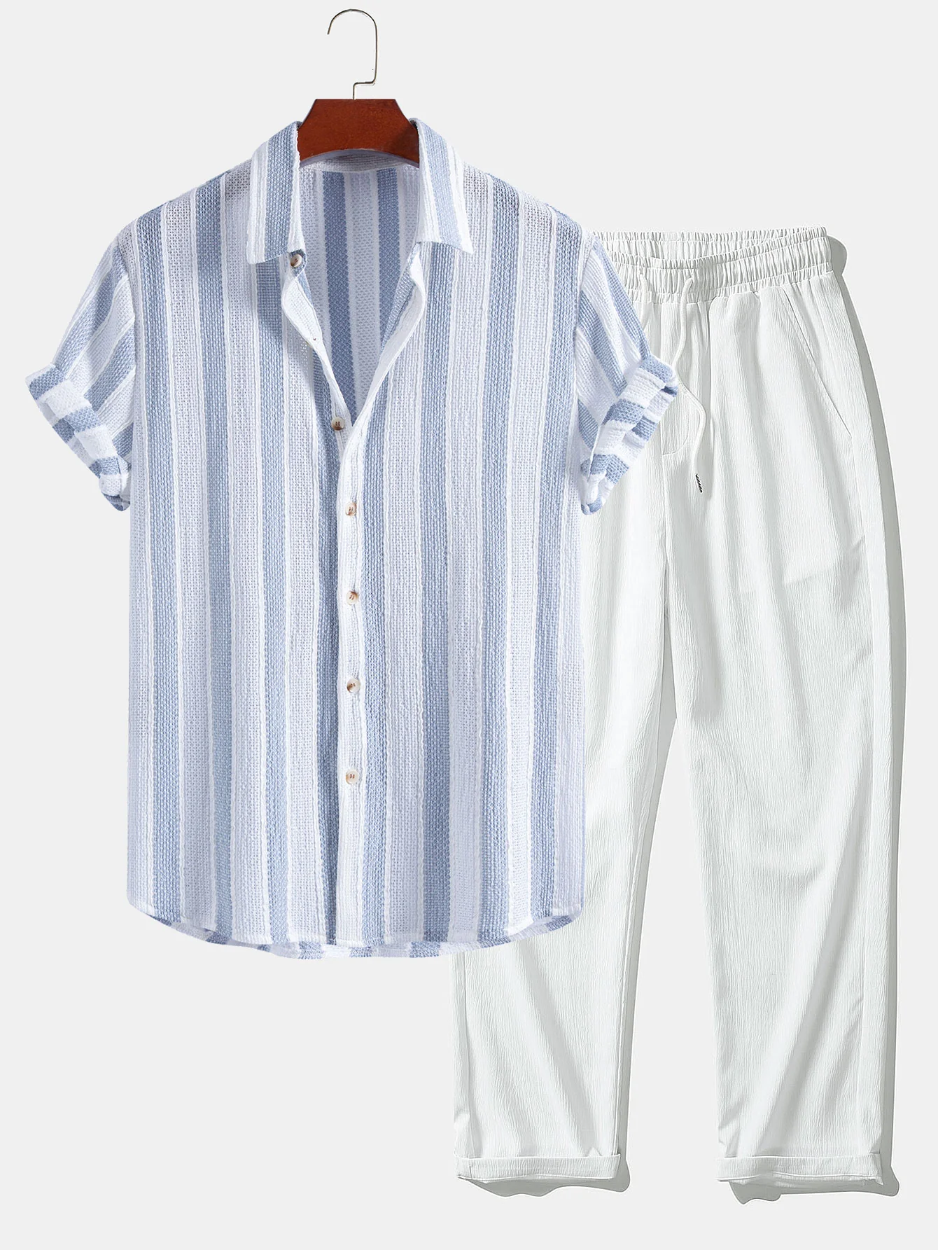 Textured Striped Button Up Shirt & Crinkle Textured Straight Leg Pants - Image 4