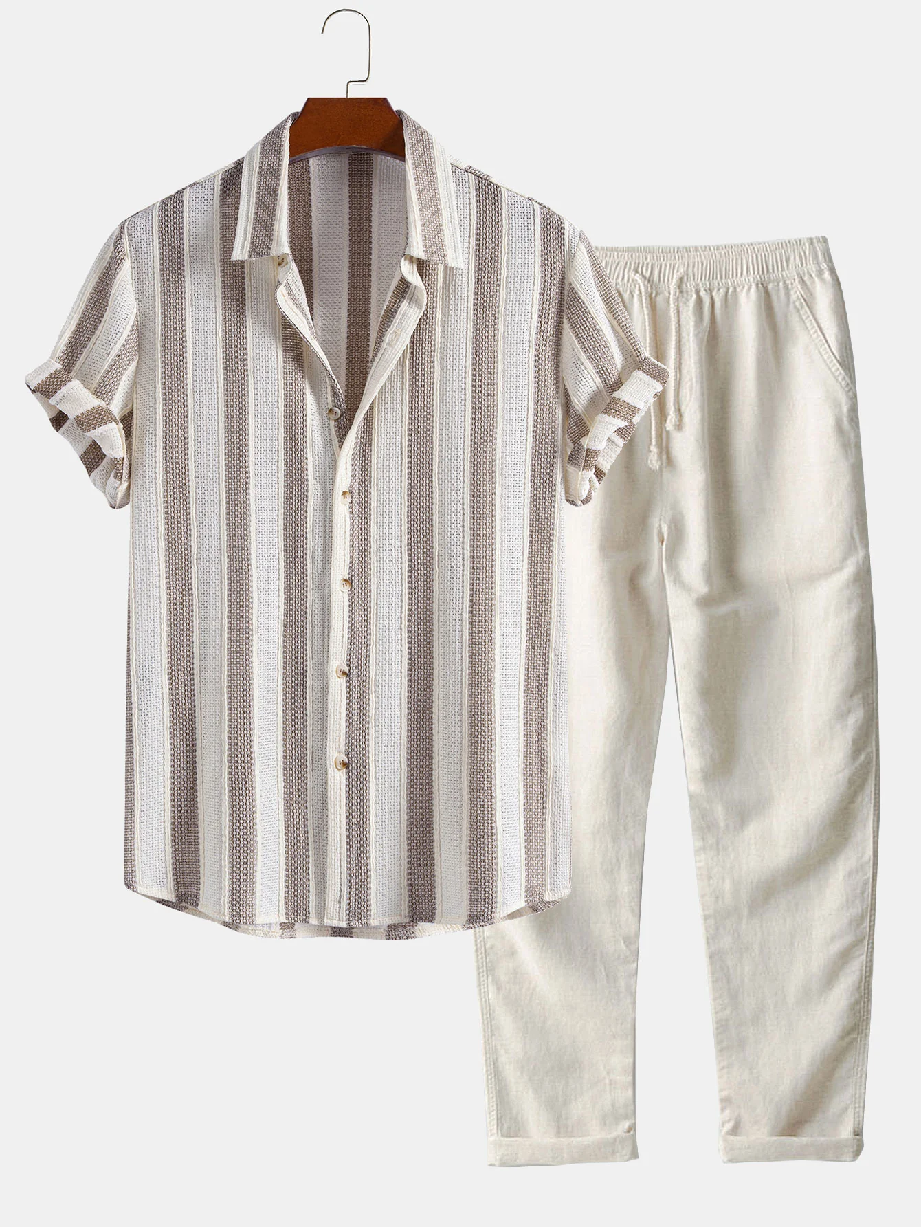 Textured Striped Button Up Shirt & Straight Leg Linen Pants