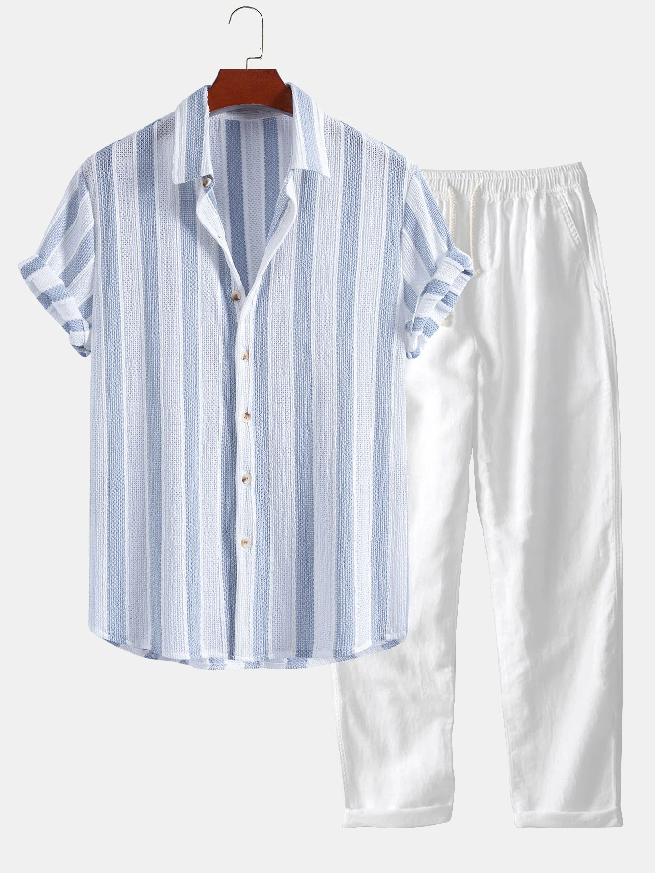 Textured Striped Button Up Shirt & Straight Leg Linen Pants - Image 2
