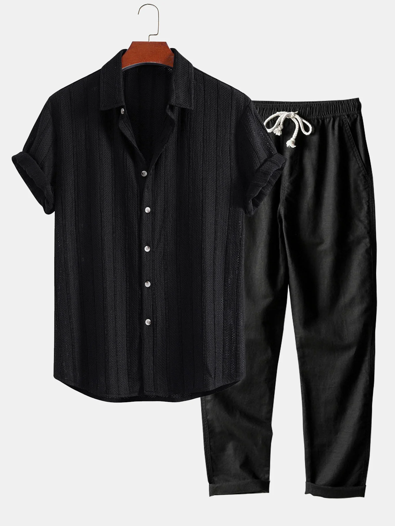 Textured Striped Button Up Shirt & Straight Leg Linen Pants - Image 3